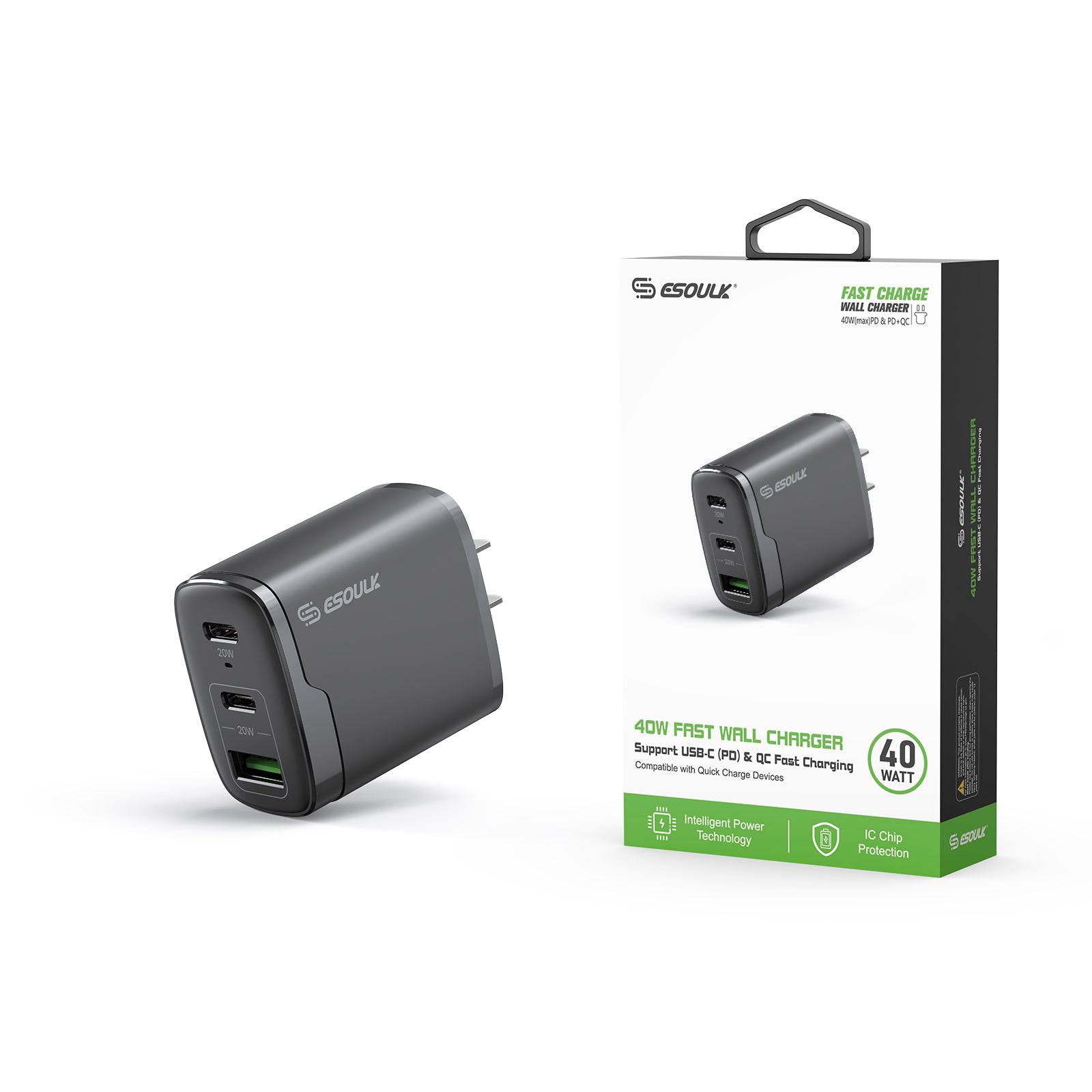 Esoulk 40W Fast Wall Charger Support USB-C & QC Fast Charging.