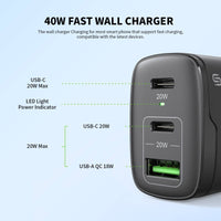 Esoulk 40W Fast Wall Charger Support USB-C & QC Fast Charging.