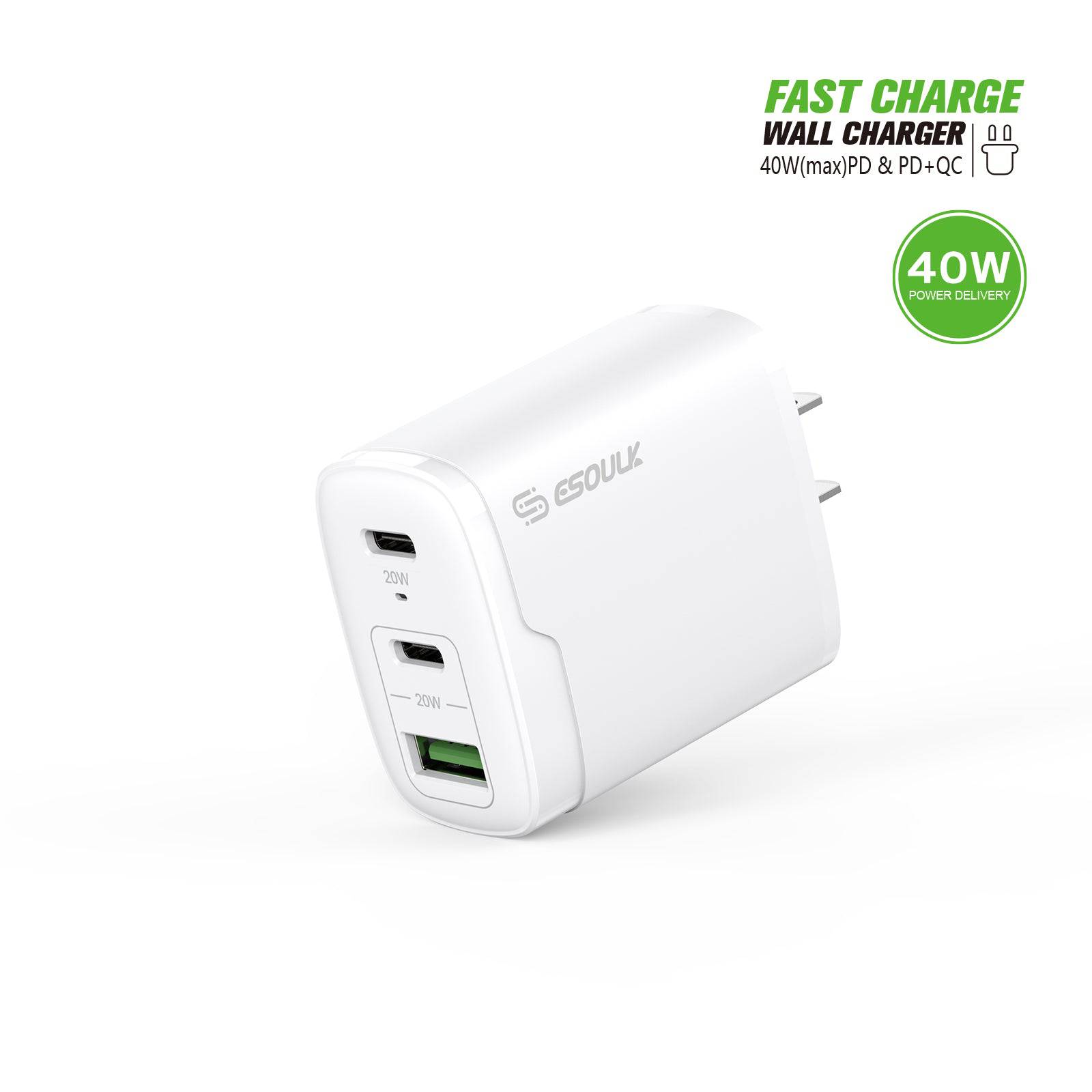 Esoulk 40W Fast Wall Charger Support USB-C & QC Fast Charging.