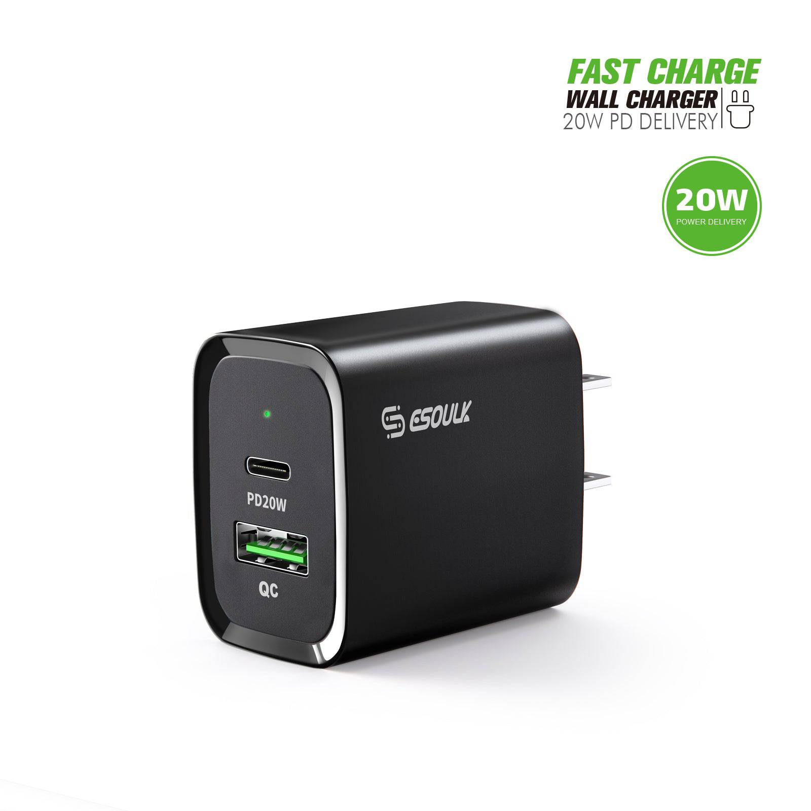Esoulk 20W PD and QC Fast Wall Charger for USB Type C and USB PD.