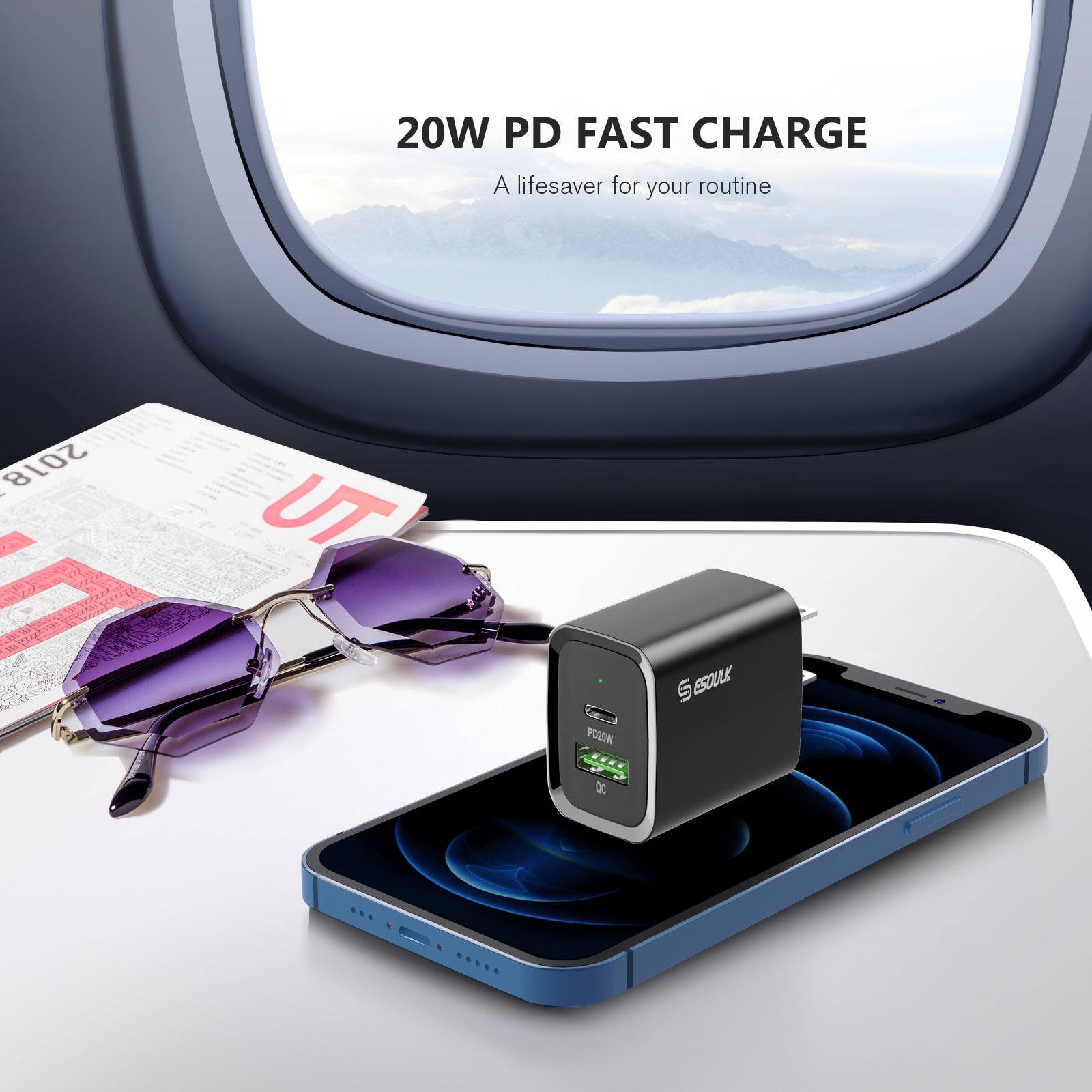 Esoulk 20W PD and QC Fast Wall Charger for USB Type C and USB PD.