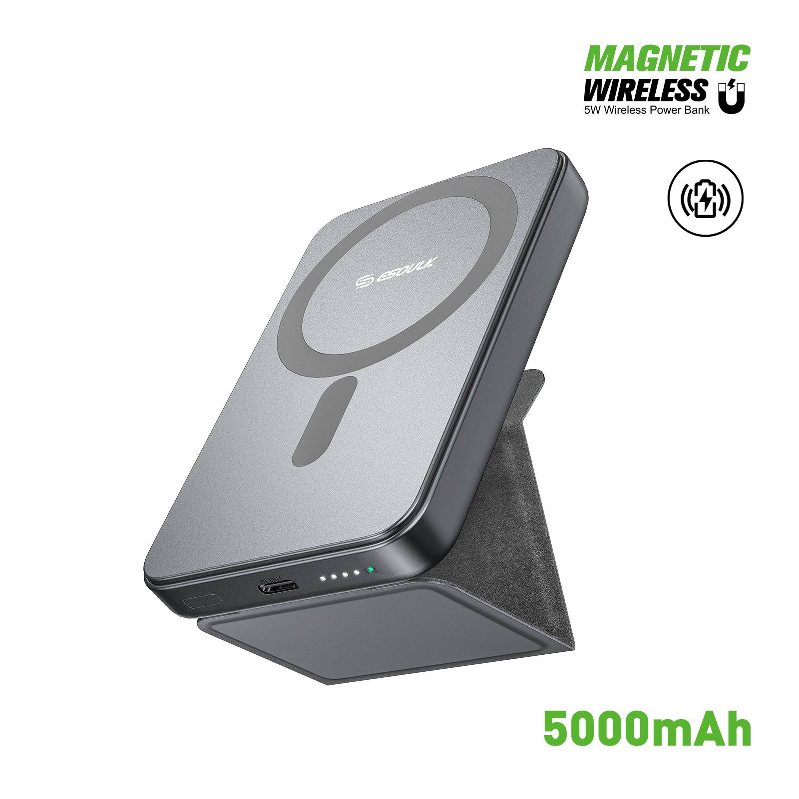 Esoulk Magnetic Wireless Power Bank 5000mAh with Foldable Stand.