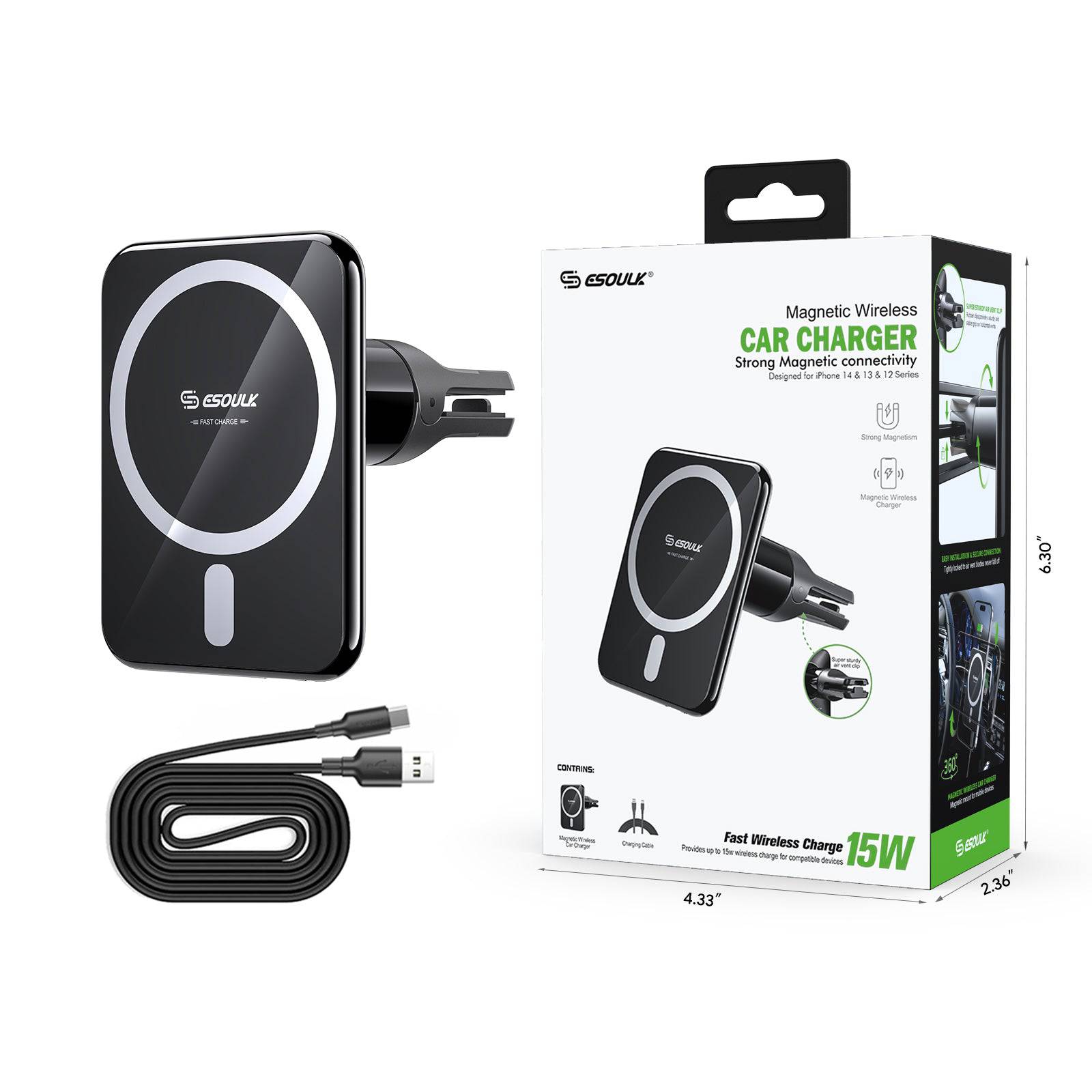 Esoulk Strong Magnetic Wireless Car Charger with Air Vent Clip for Phones.