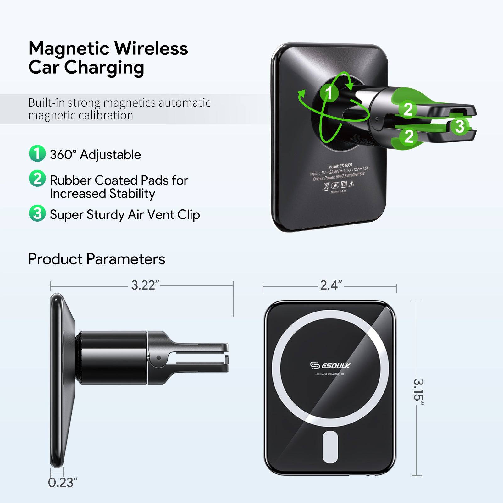 Esoulk Strong Magnetic Wireless Car Charger with Air Vent Clip for Phones.