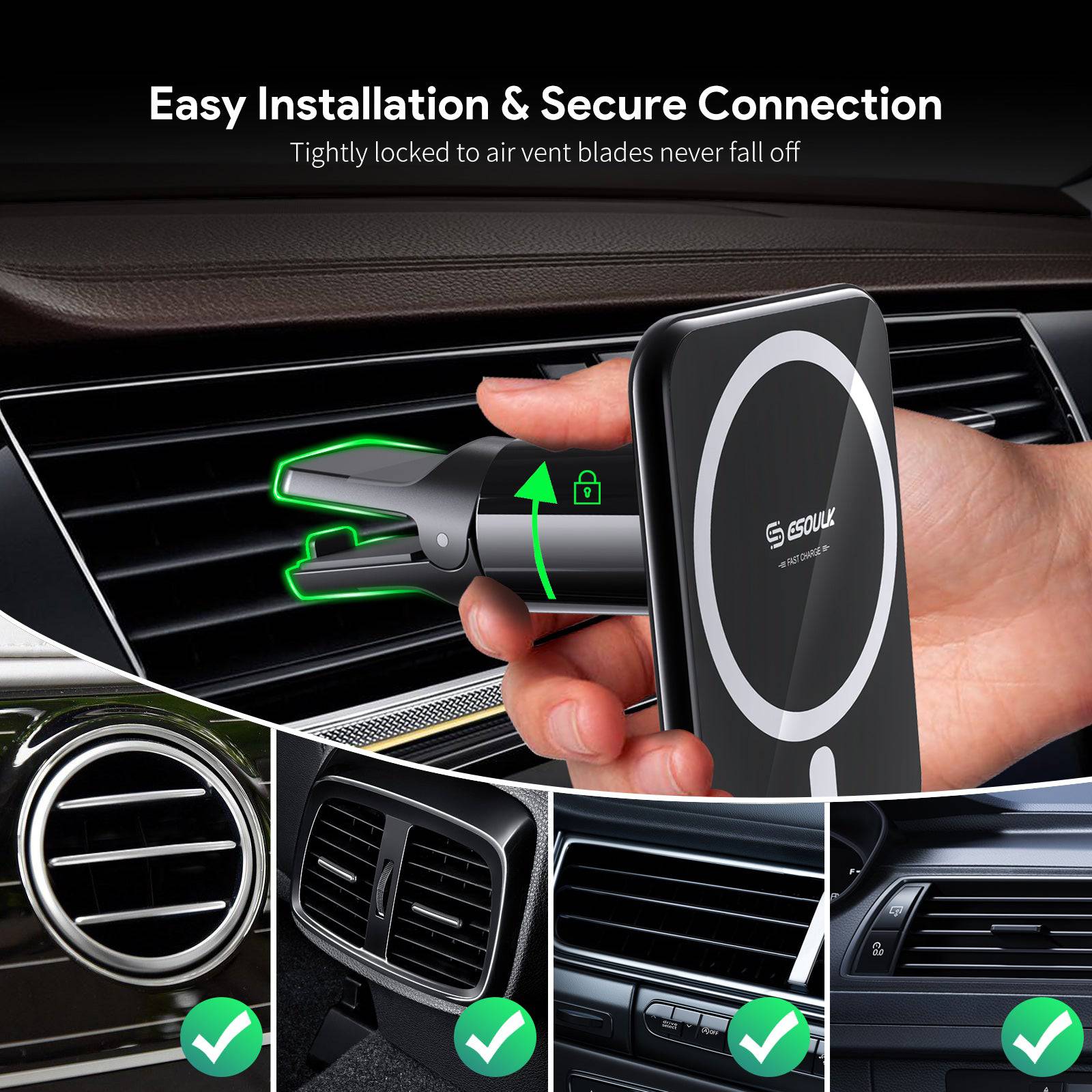 Esoulk Strong Magnetic Wireless Car Charger with Air Vent Clip for Phones.