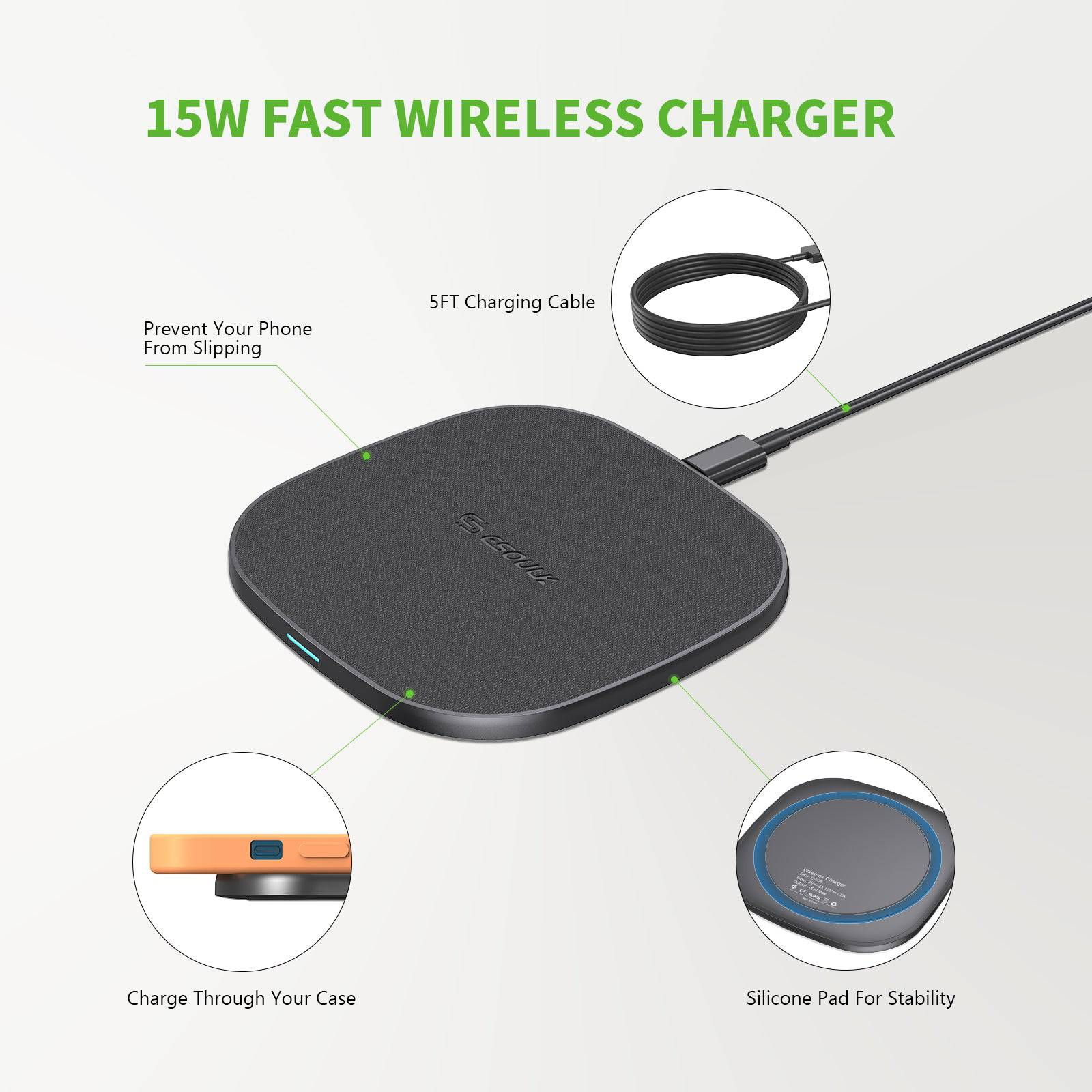 Esoulk 15W Wireless Fast Charger Pro with 5ft Cable.