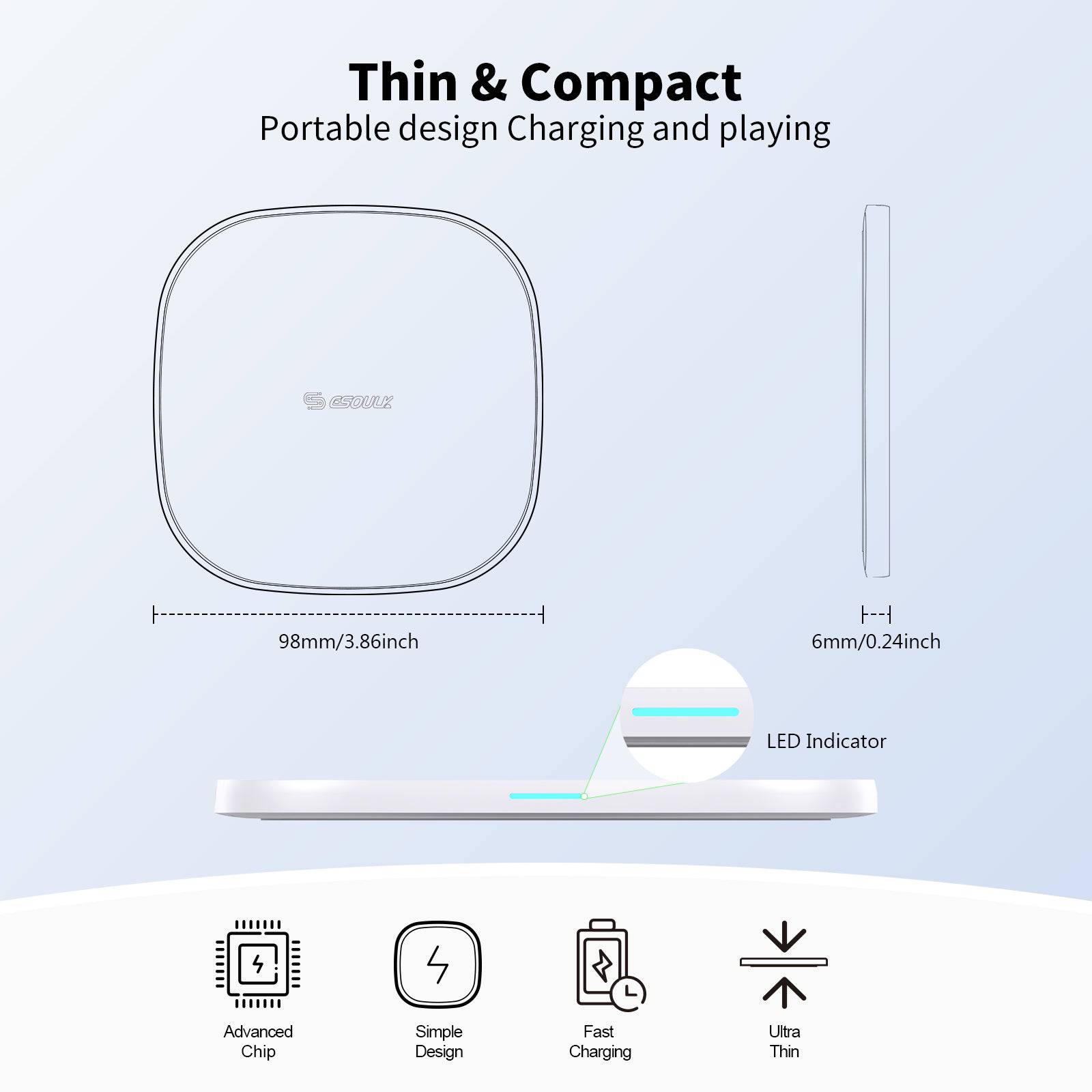 Esoulk 15W Wireless Fast Charger Pro with 5ft Cable.