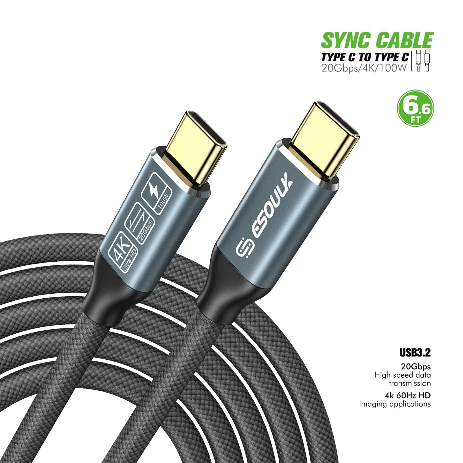 Esoulk 6.6ft 100W USB Type C to Type C Data Sync Cable.