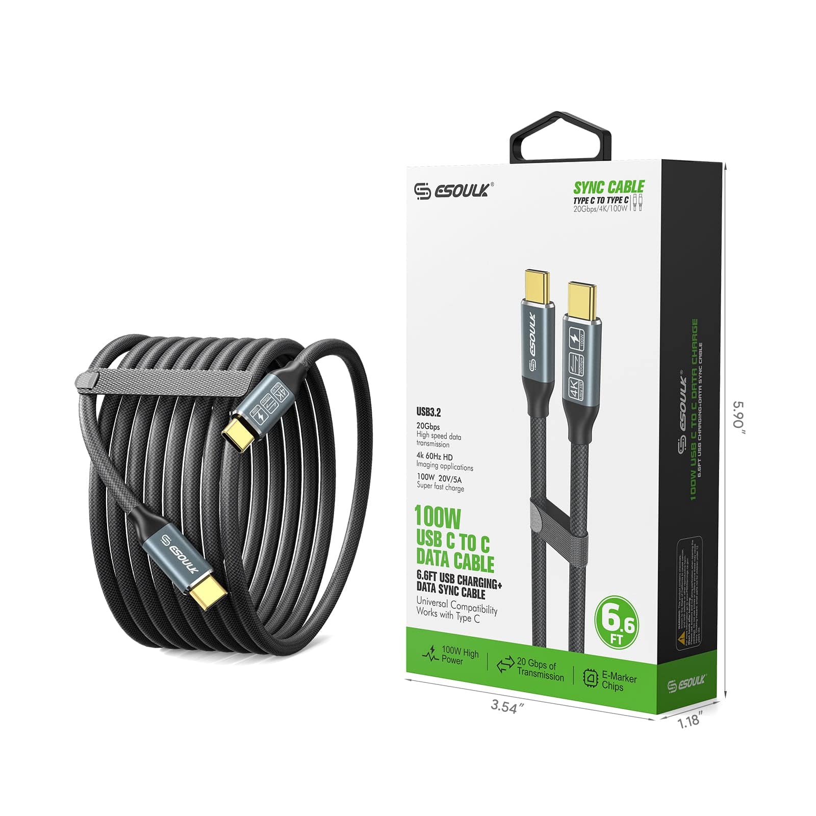 Esoulk 6.6ft 100W USB Type C to Type C Data Sync Cable.