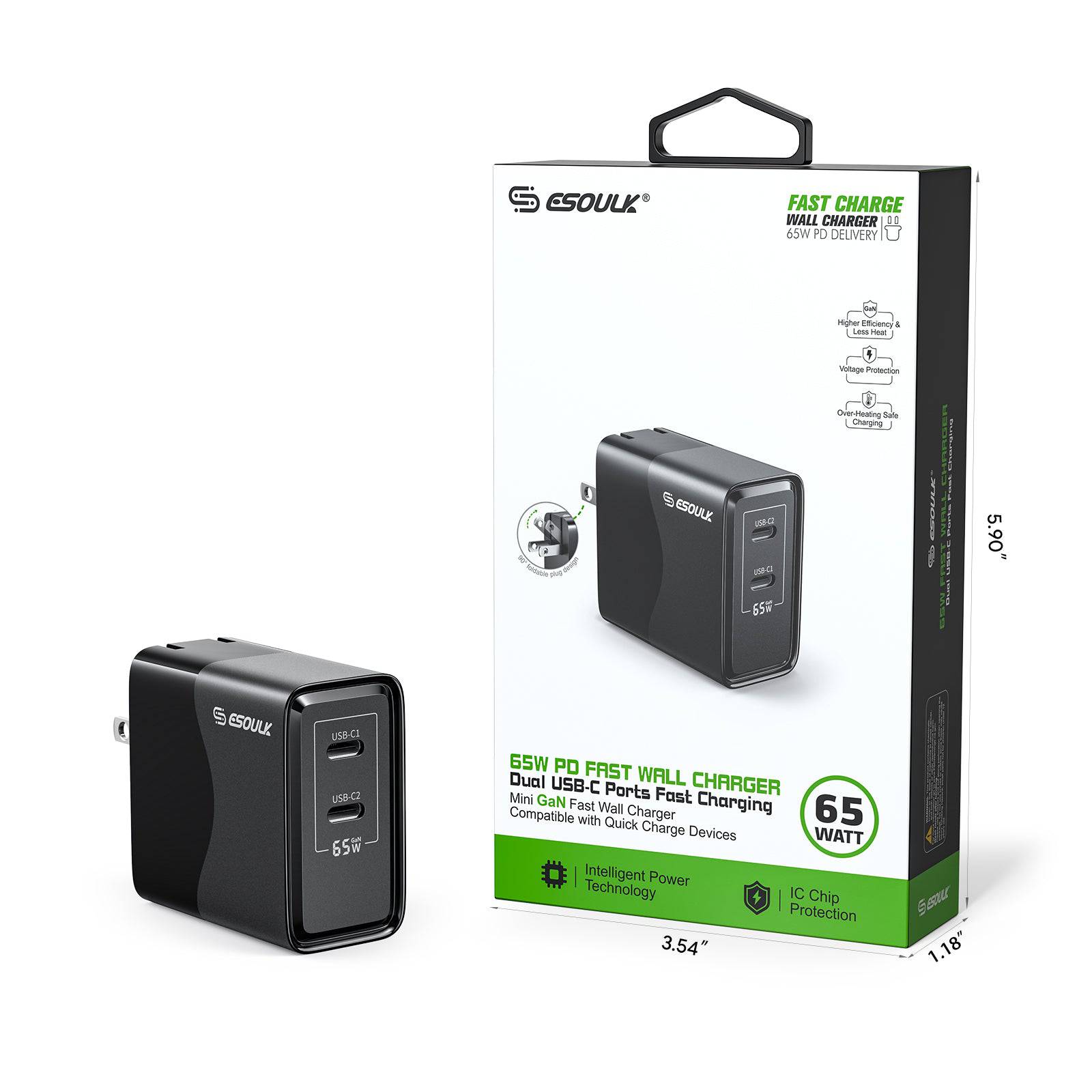 Esoulk 65W Fast Charge Wall Charger Dual USB-C.