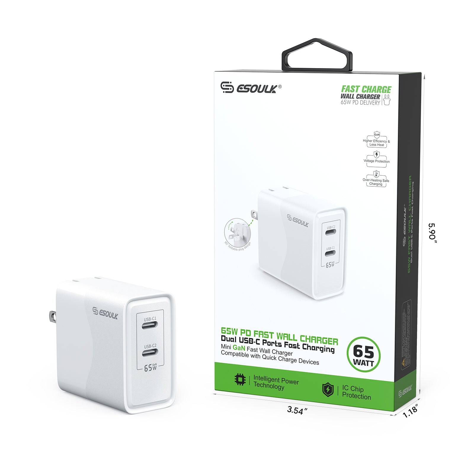 Esoulk 65W Fast Charge Wall Charger Dual USB-C.
