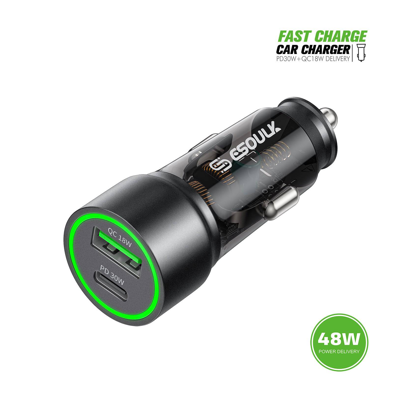 Esoulk 30W Fast Car Charger with USB for iPhone Models and Android Devices.
