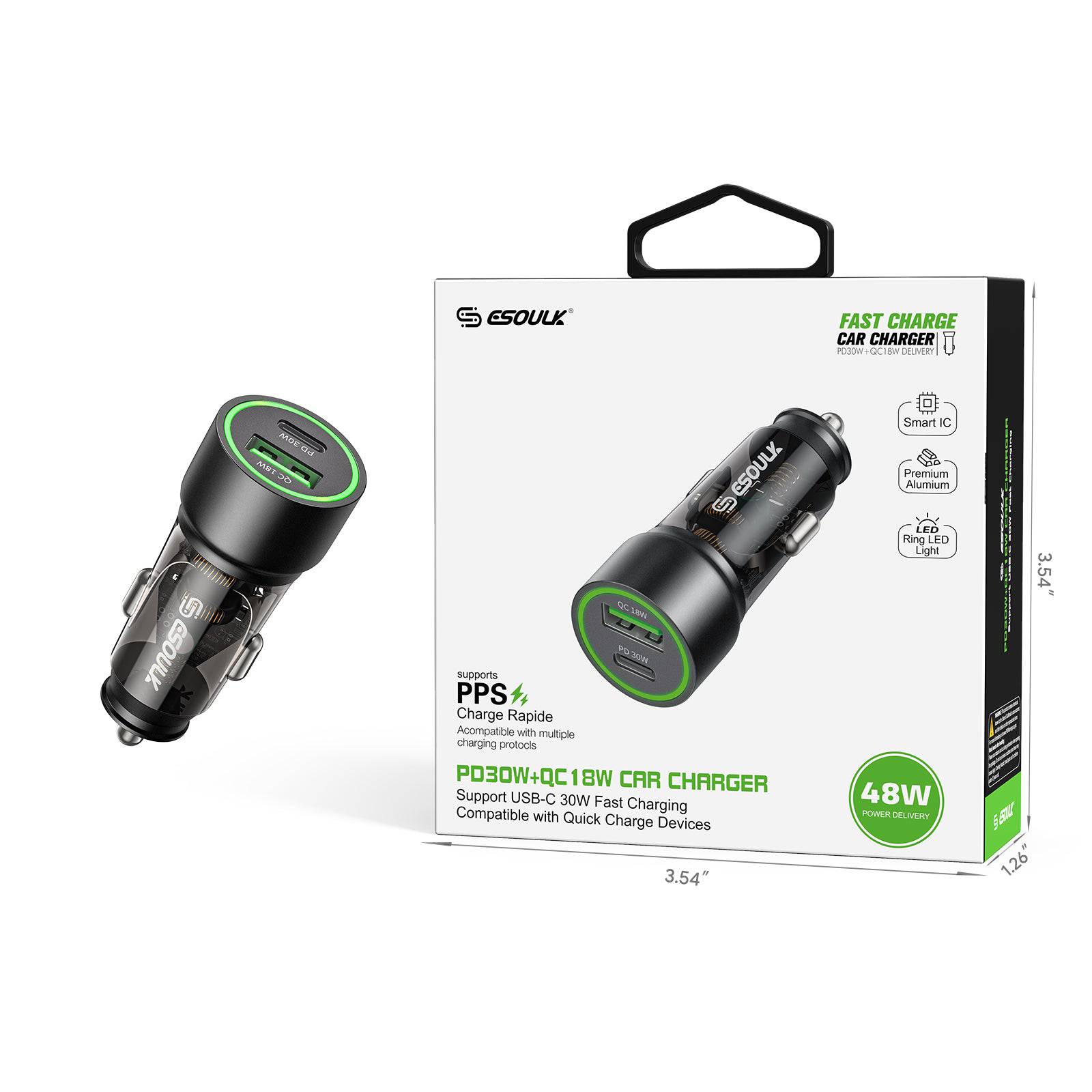 Esoulk 30W Fast Car Charger with USB for iPhone Models and Android Devices.