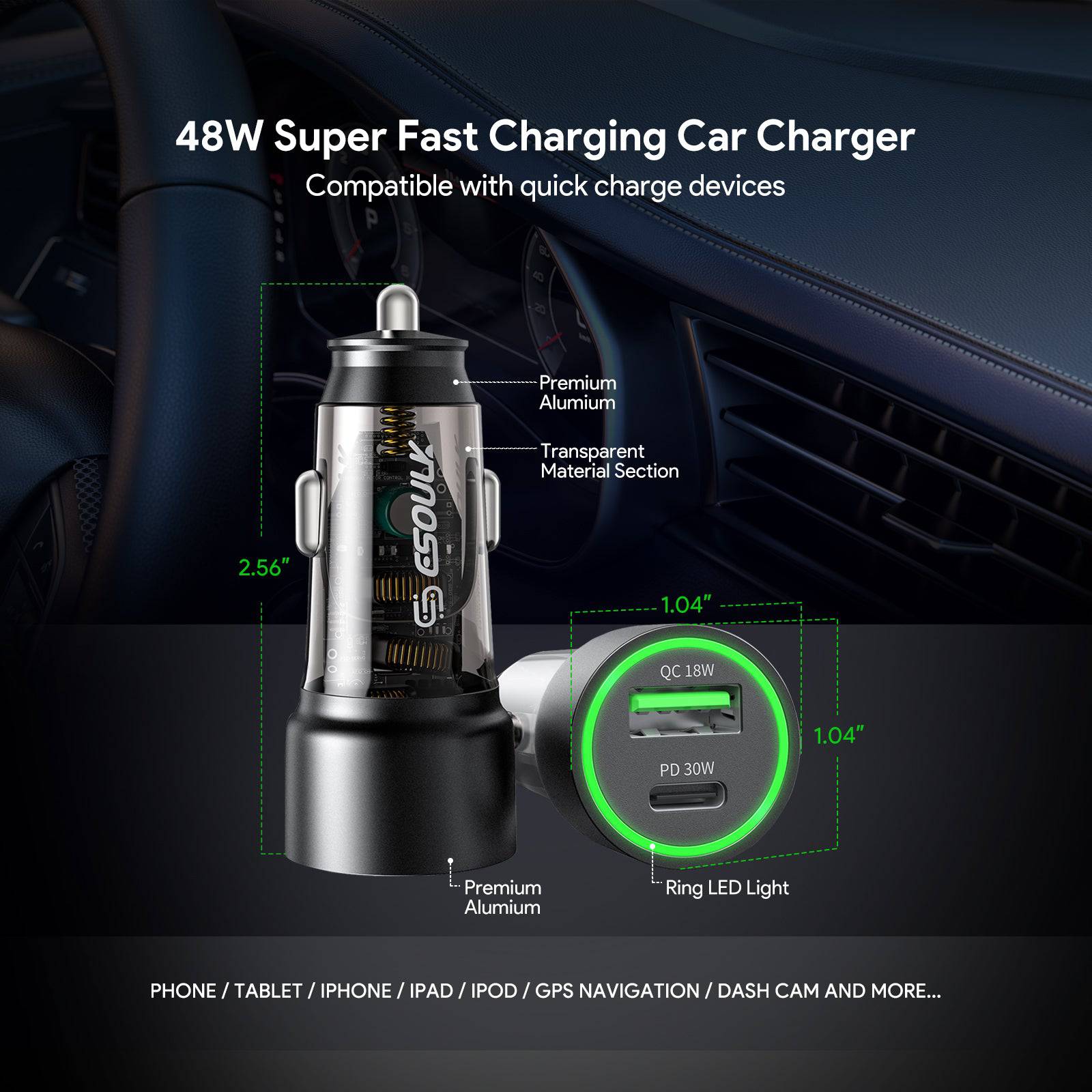 Esoulk 30W Fast Car Charger with USB for iPhone Models and Android Devices.