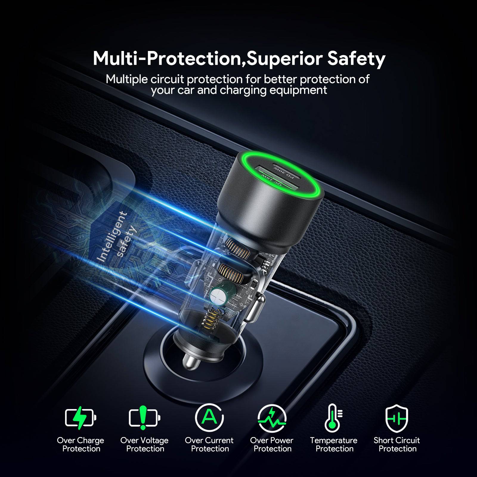 Esoulk 30W Fast Car Charger with USB for iPhone Models and Android Devices.