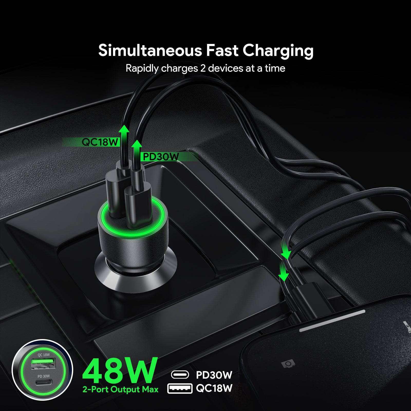 Esoulk 30W Fast Car Charger with USB for iPhone Models and Android Devices.