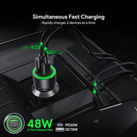 Esoulk 30W Fast Car Charger with USB for iPhone Models and Android Devices.