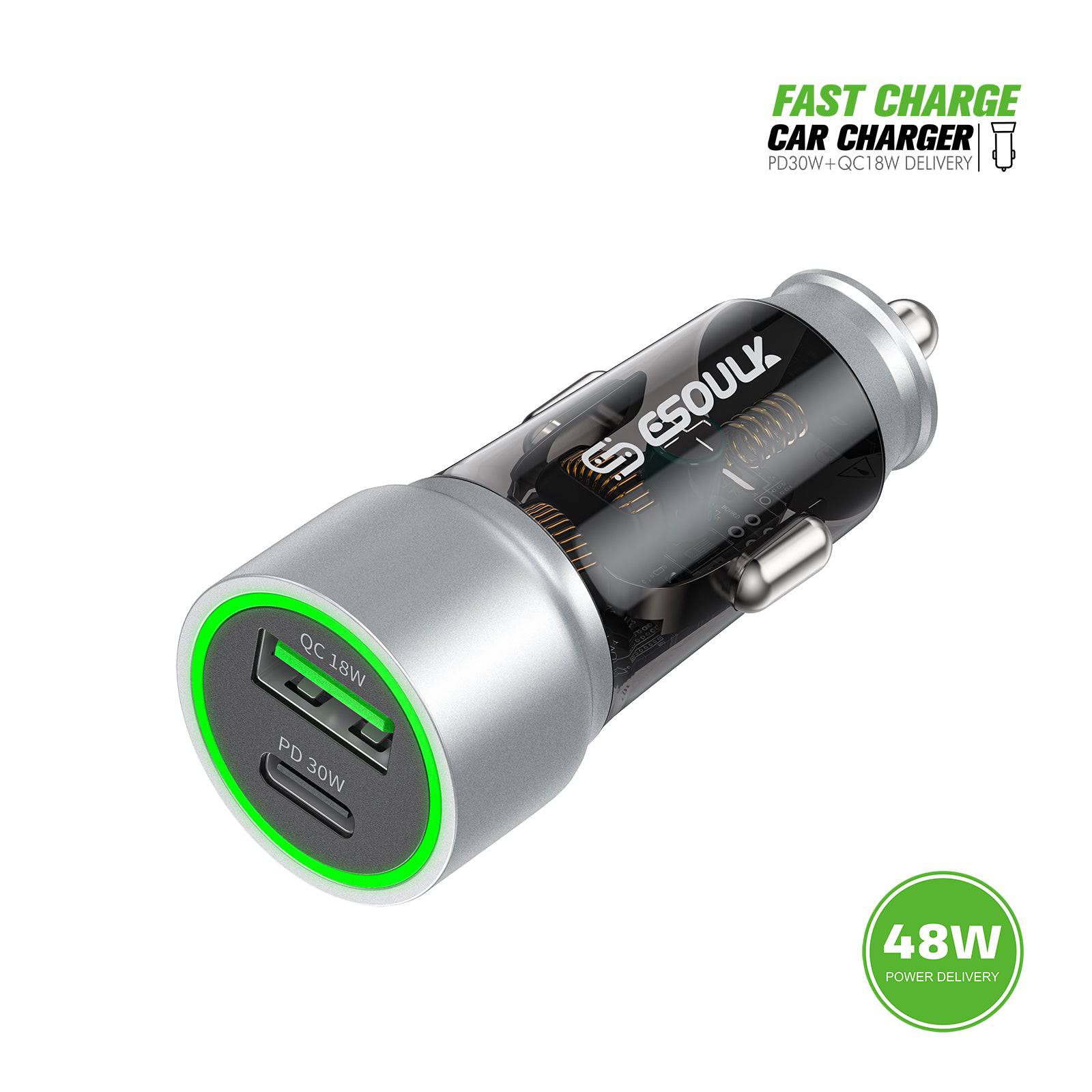 Esoulk 30W Fast Car Charger with USB for iPhone Models and Android Devices.
