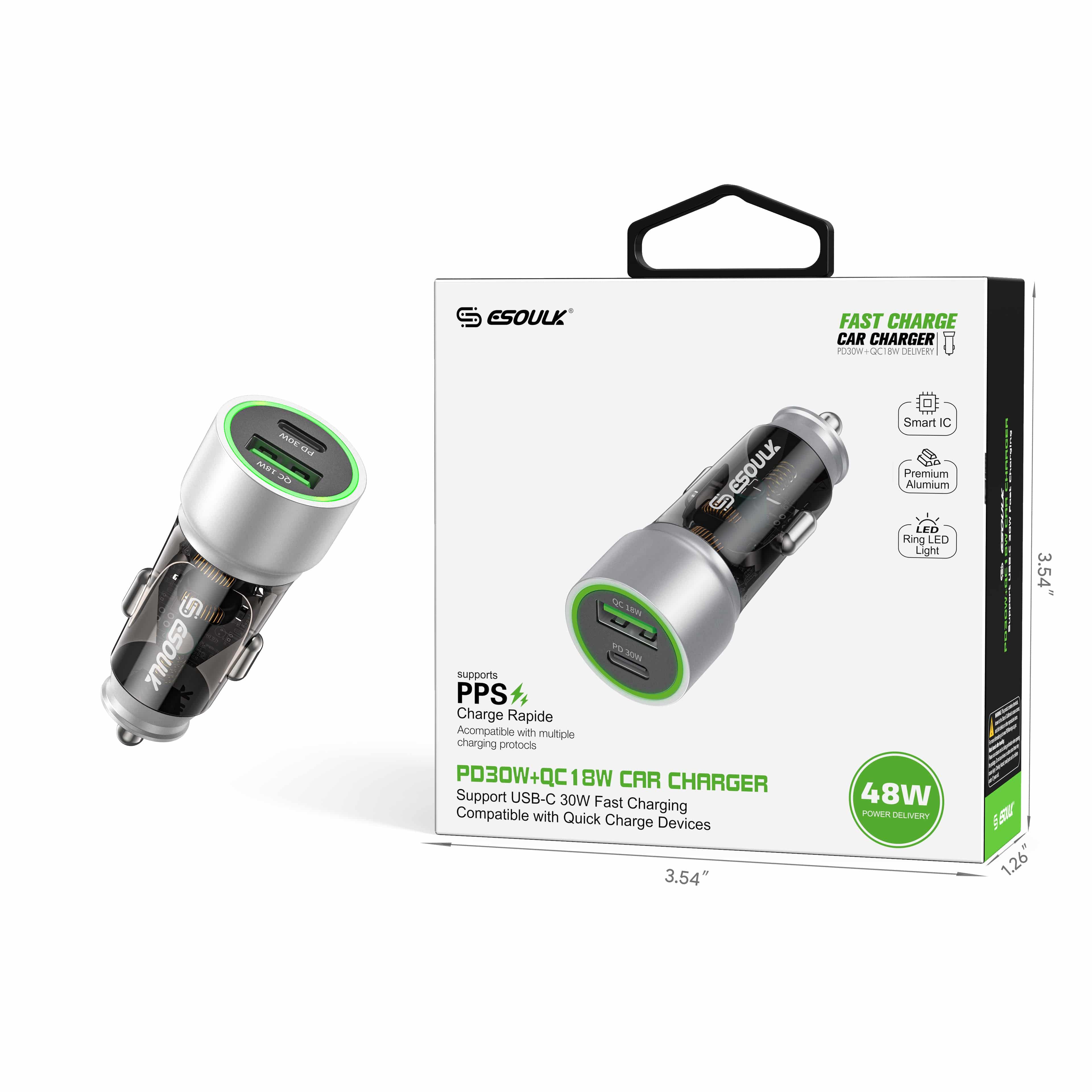 Esoulk 30W Fast Car Charger with USB for iPhone Models and Android Devices.
