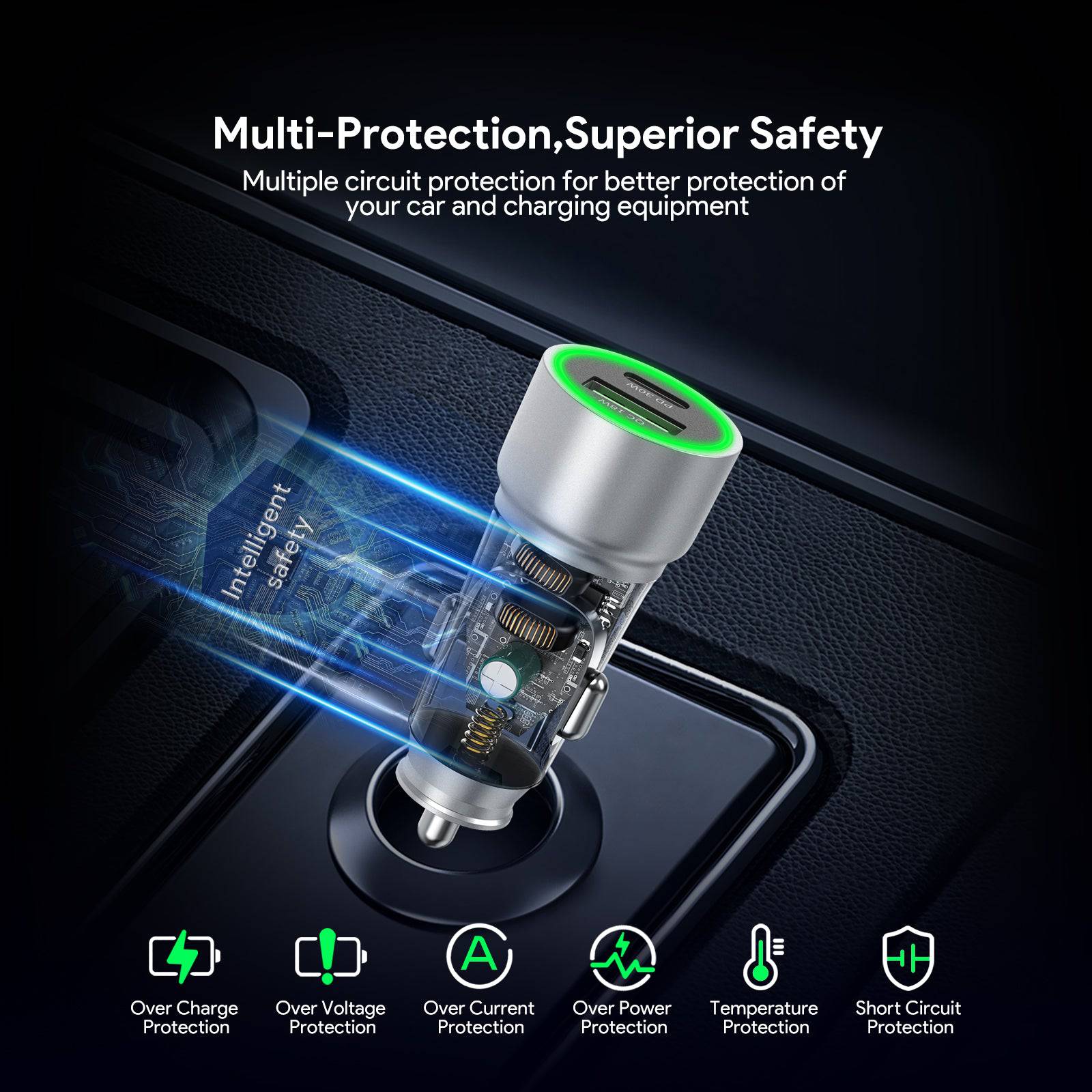 Esoulk 30W Fast Car Charger with USB for iPhone Models and Android Devices.