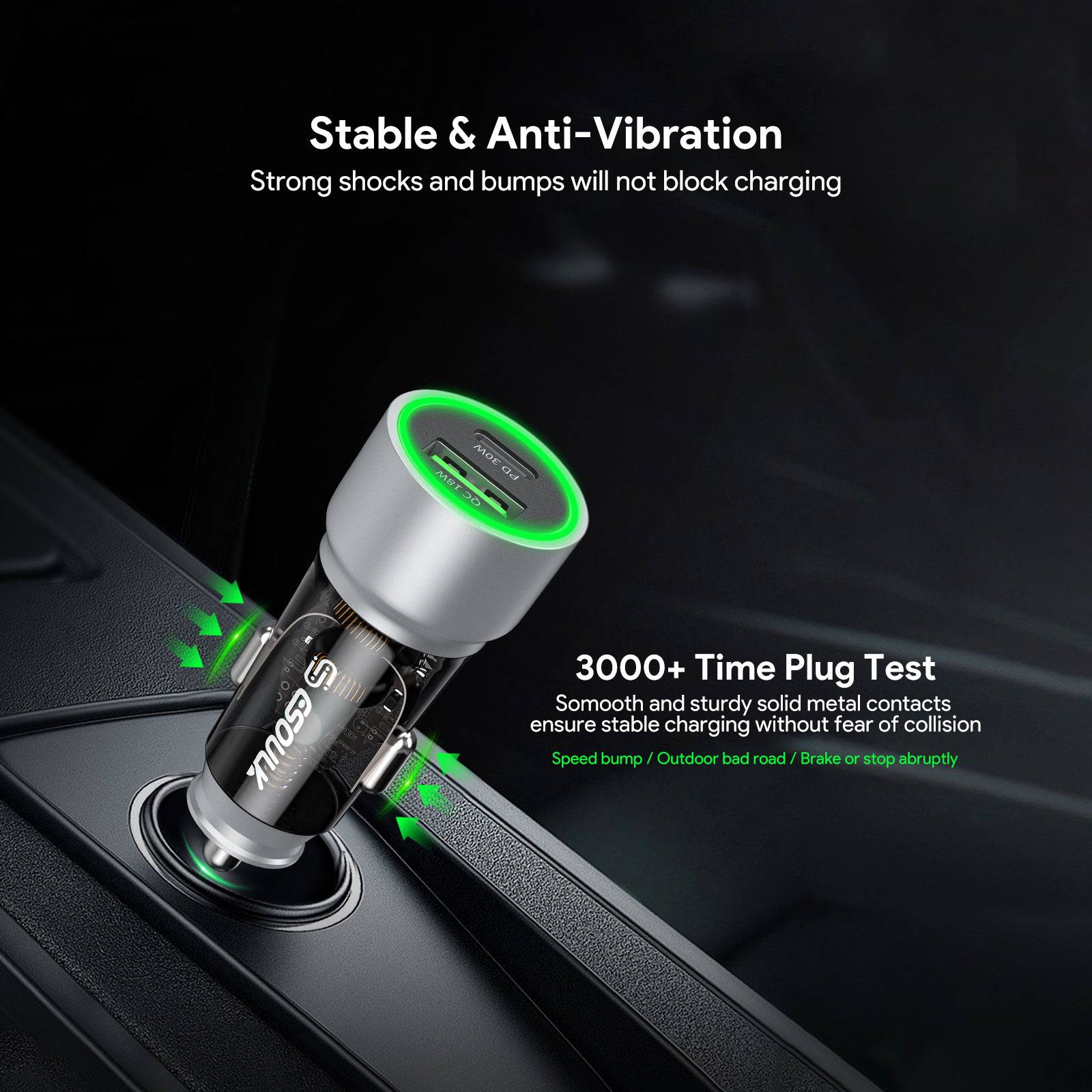 Esoulk 30W Fast Car Charger with USB for iPhone Models and Android Devices.