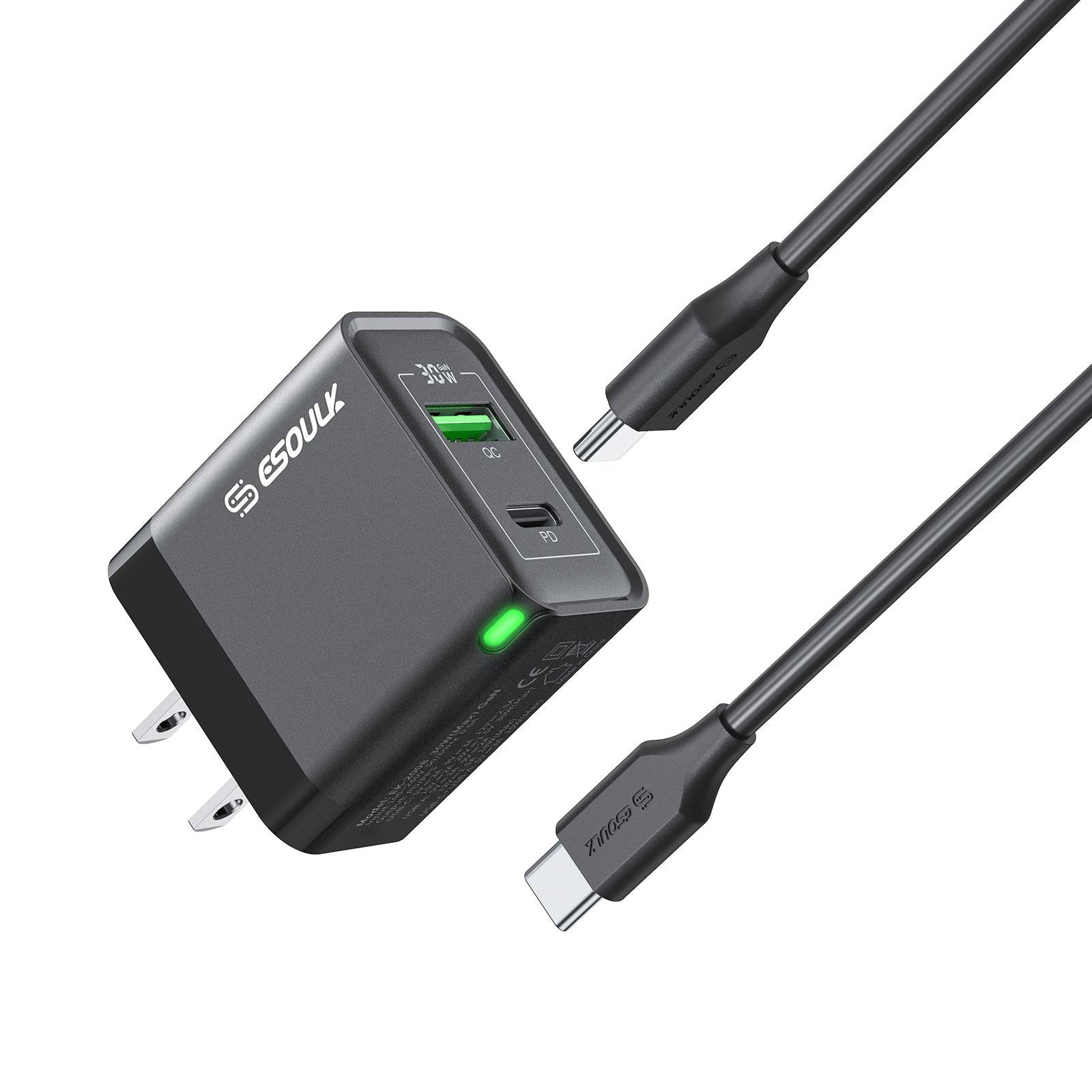 Esoulk 30W PD &QC Fast Charge Wall Charger with 5ft USB-C to USB-C Cable.