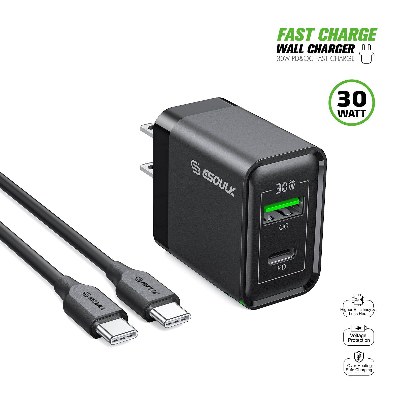 Esoulk 30W PD &QC Fast Charge Wall Charger with 5ft USB-C to USB-C Cable.