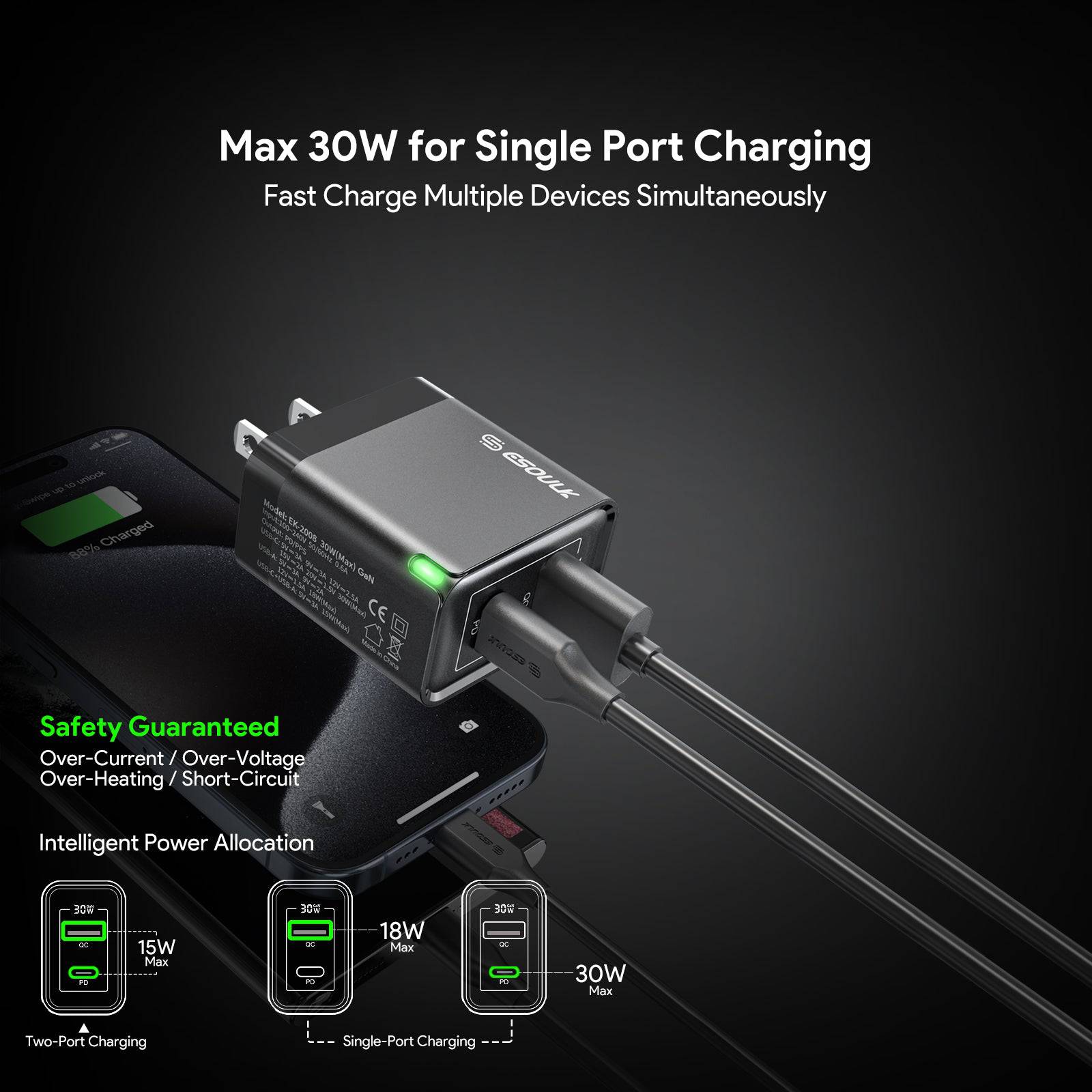 Esoulk 30W PD &QC Fast Charge Wall Charger with 5ft USB-C to USB-C Cable.