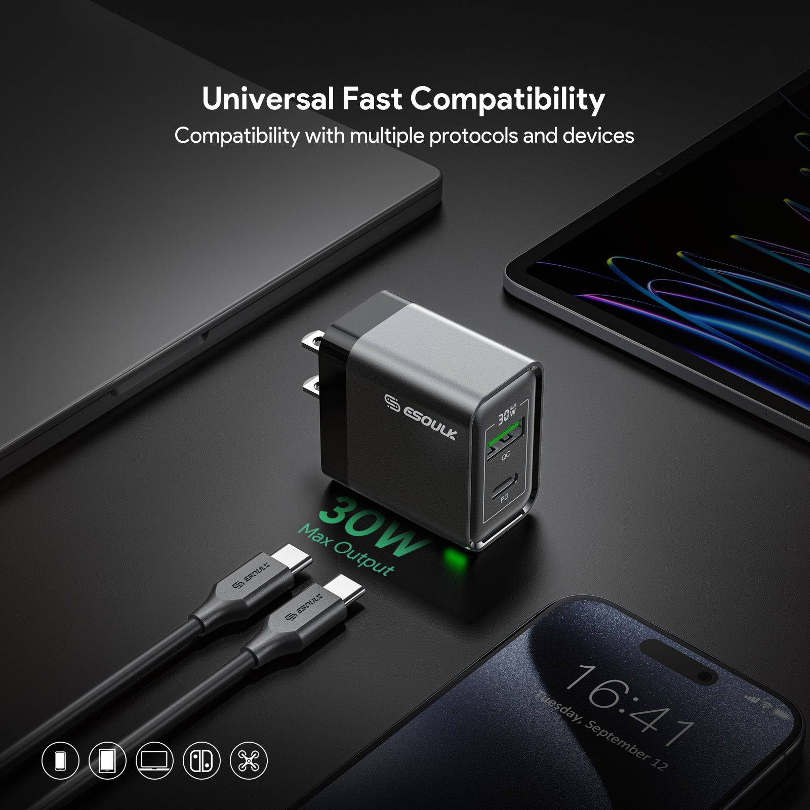 Esoulk 30W PD &QC Fast Charge Wall Charger with 5ft USB-C to USB-C Cable.