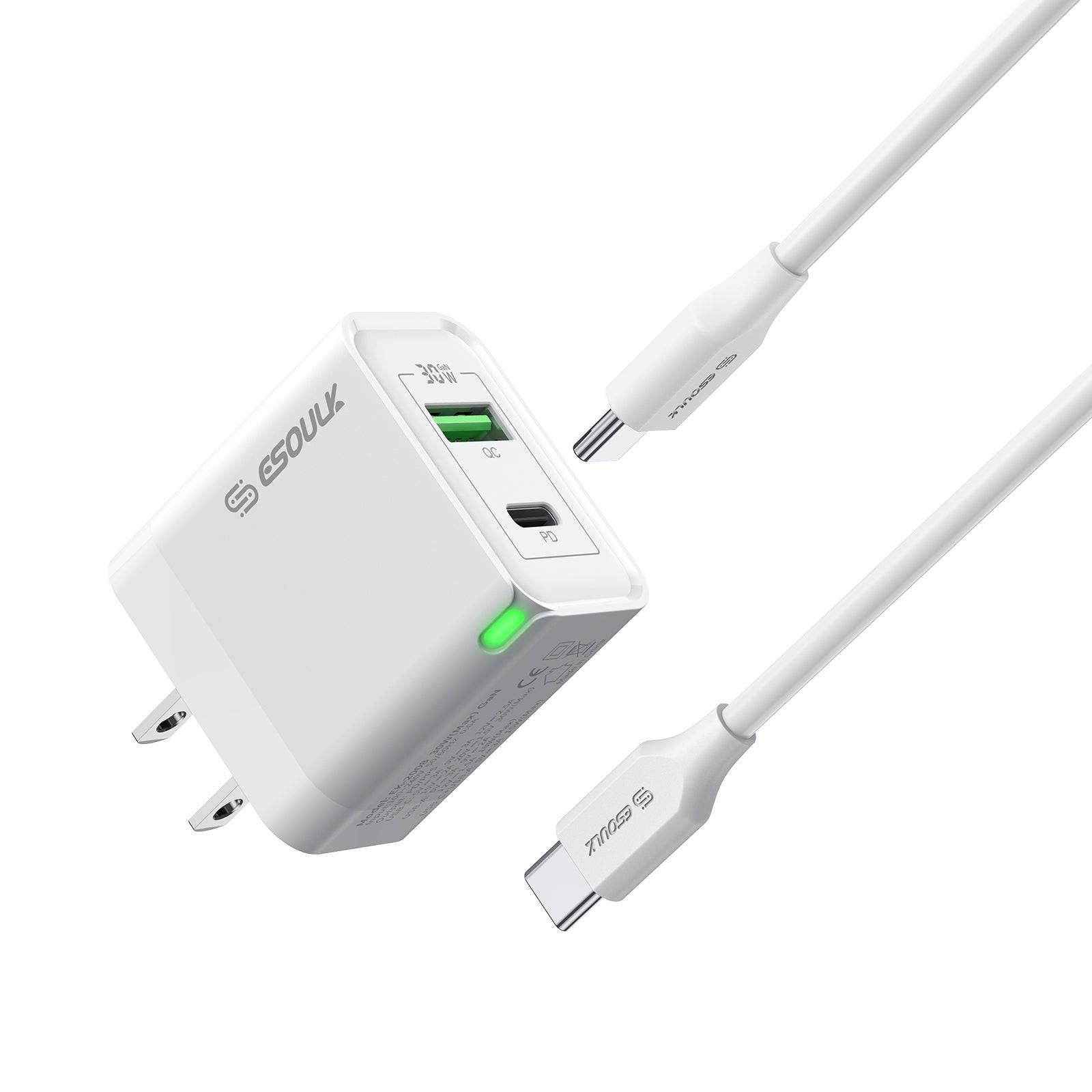 Esoulk 30W PD &QC Fast Charge Wall Charger with 5ft USB-C to USB-C Cable.