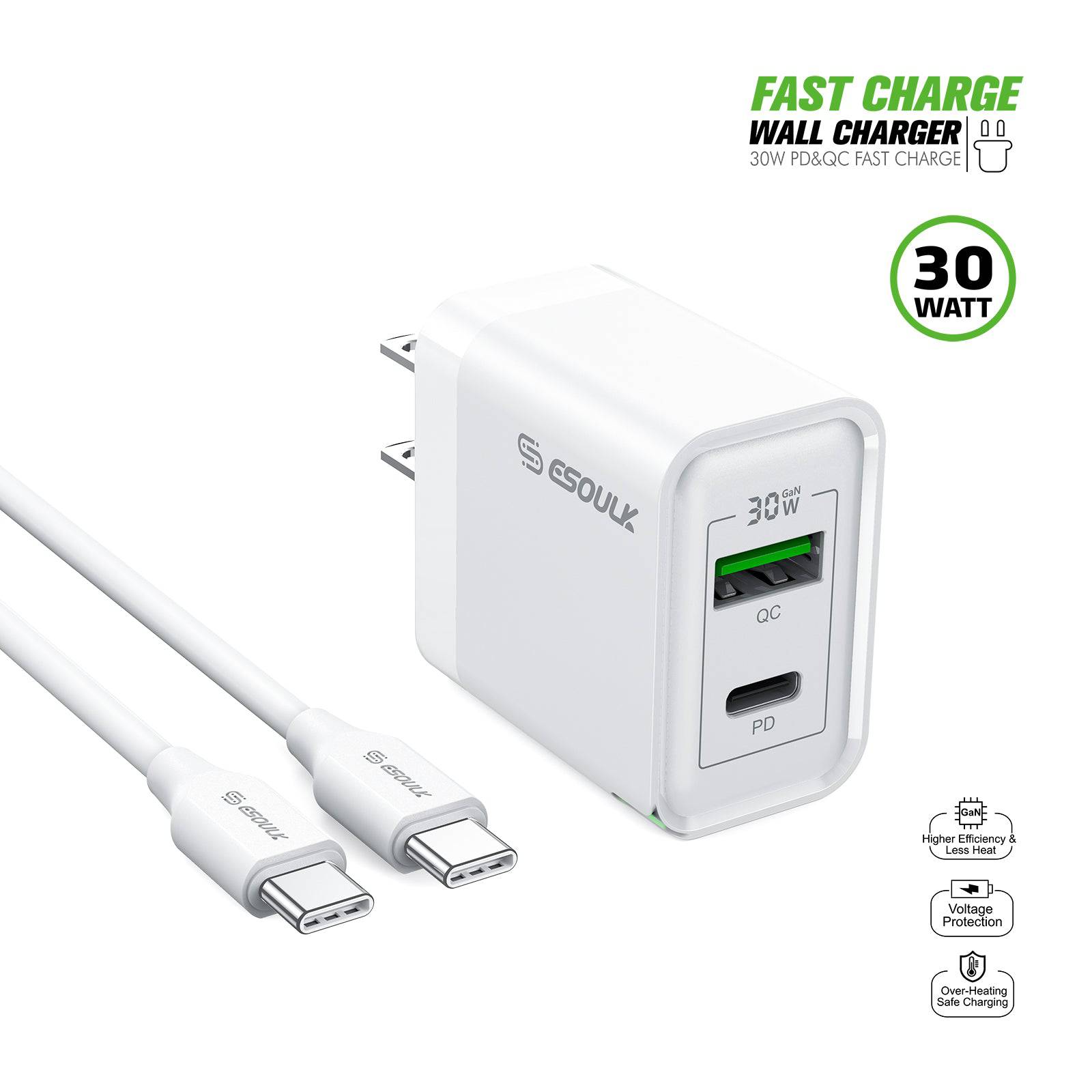 Esoulk 30W PD &QC Fast Charge Wall Charger with 5ft USB-C to USB-C Cable.