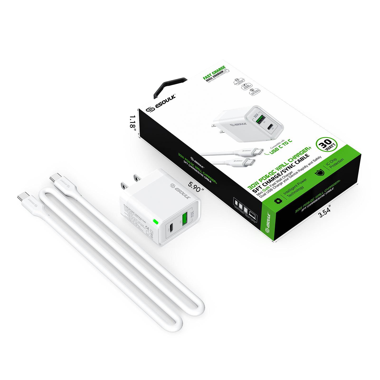 Esoulk 30W PD &QC Fast Charge Wall Charger with 5ft USB-C to USB-C Cable.