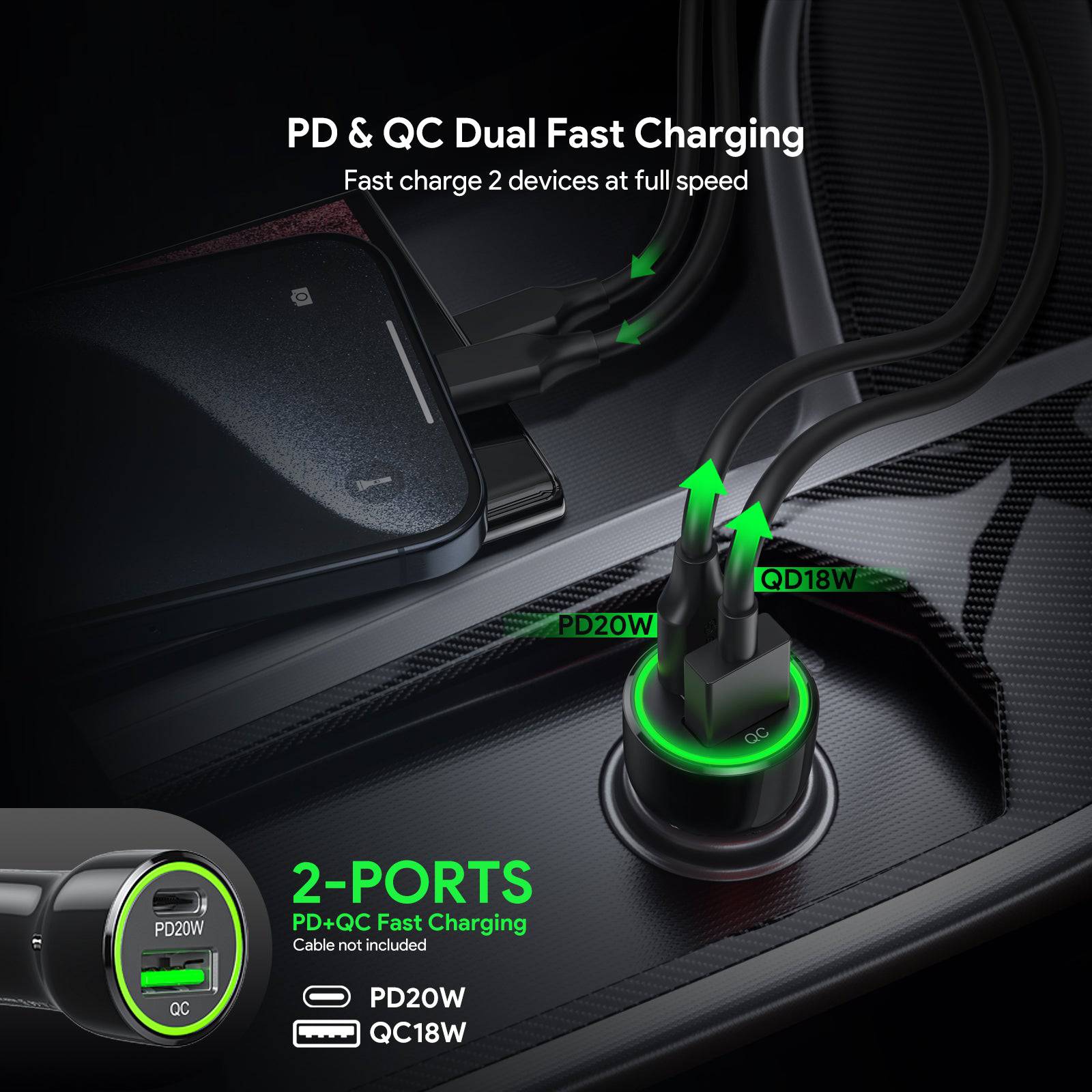 Esoulk Fast Car Charger with PD30W and QC18W Dual Charge.