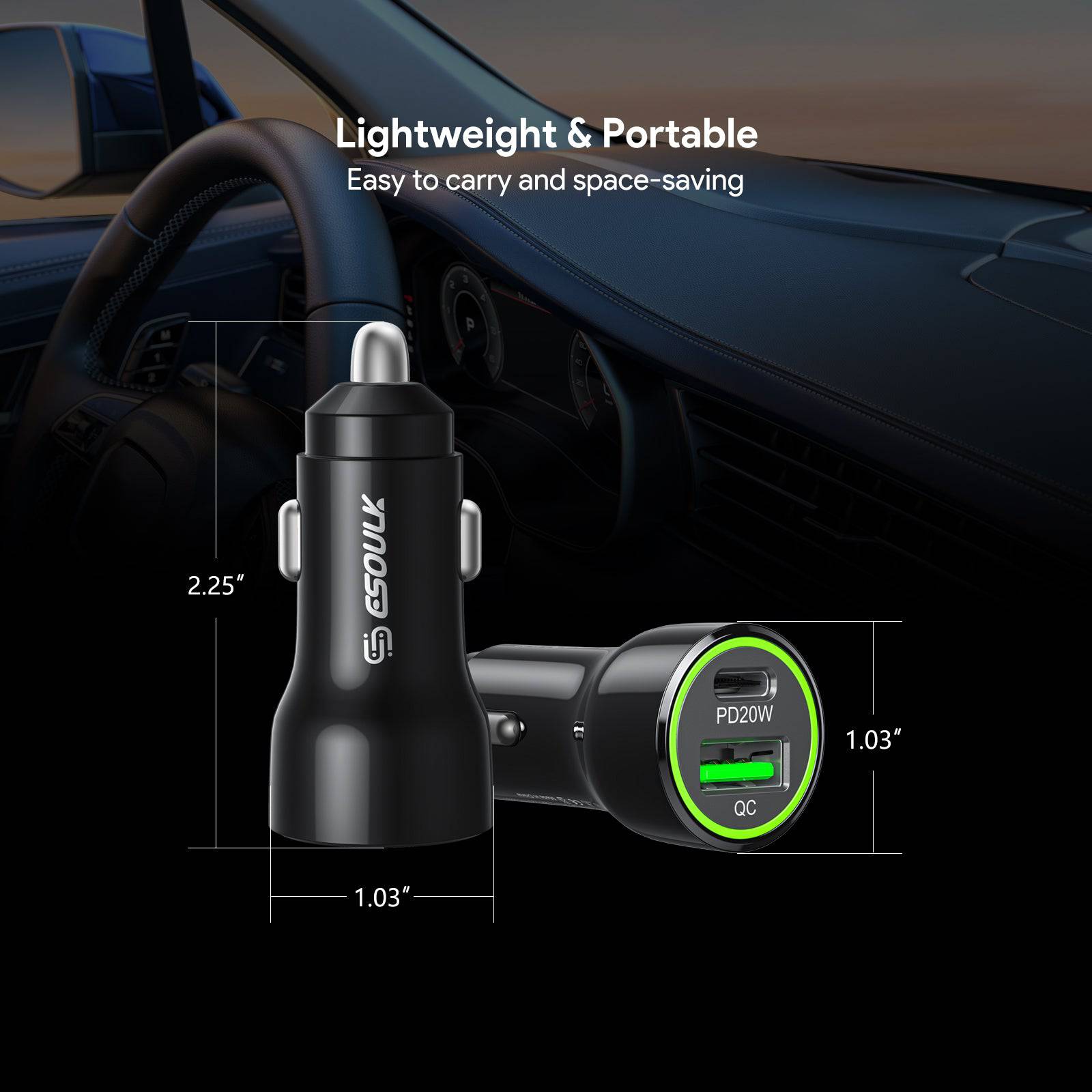 Esoulk Fast Car Charger with PD30W and QC18W Dual Charge.