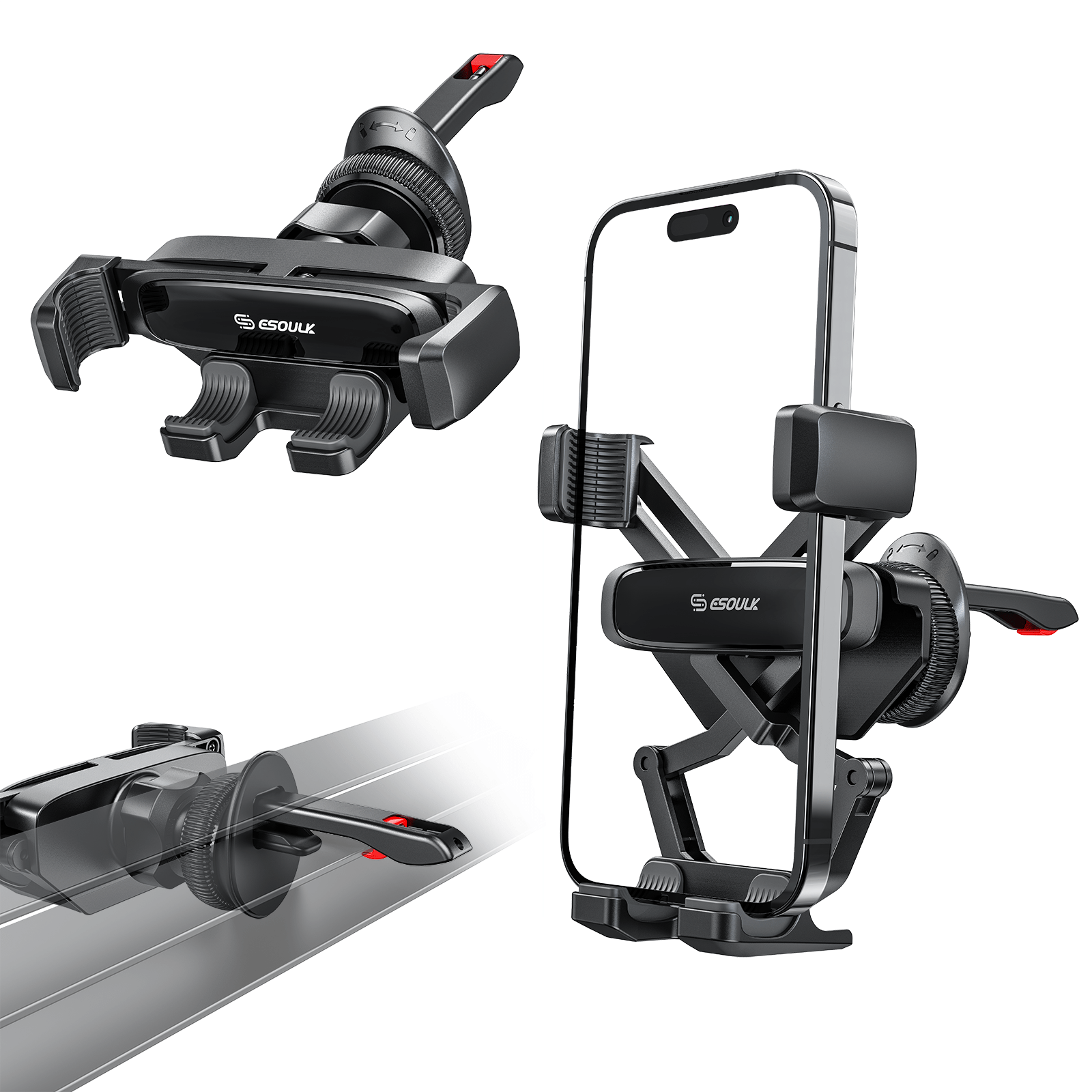 Esoulk Gravity Air Vent Car Phone Holder for iPhone models and Android devices.