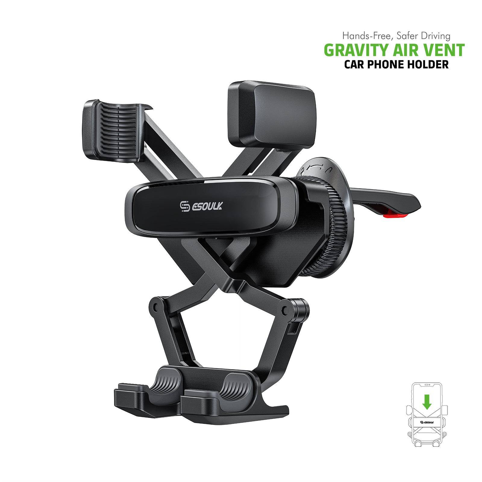 Esoulk Gravity Air Vent Car Phone Holder for iPhone models and Android devices.