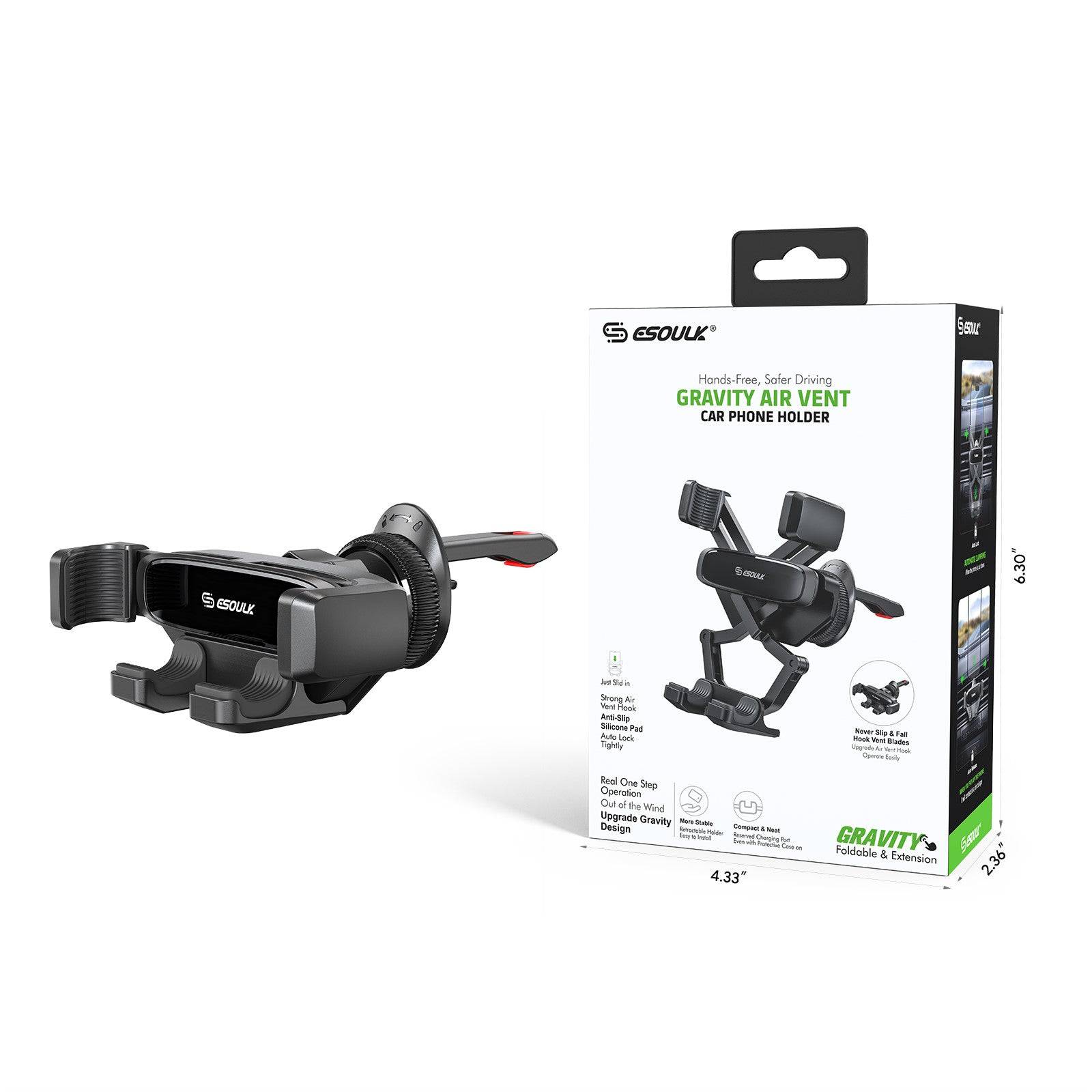 Esoulk Gravity Air Vent Car Phone Holder for iPhone models and Android devices.