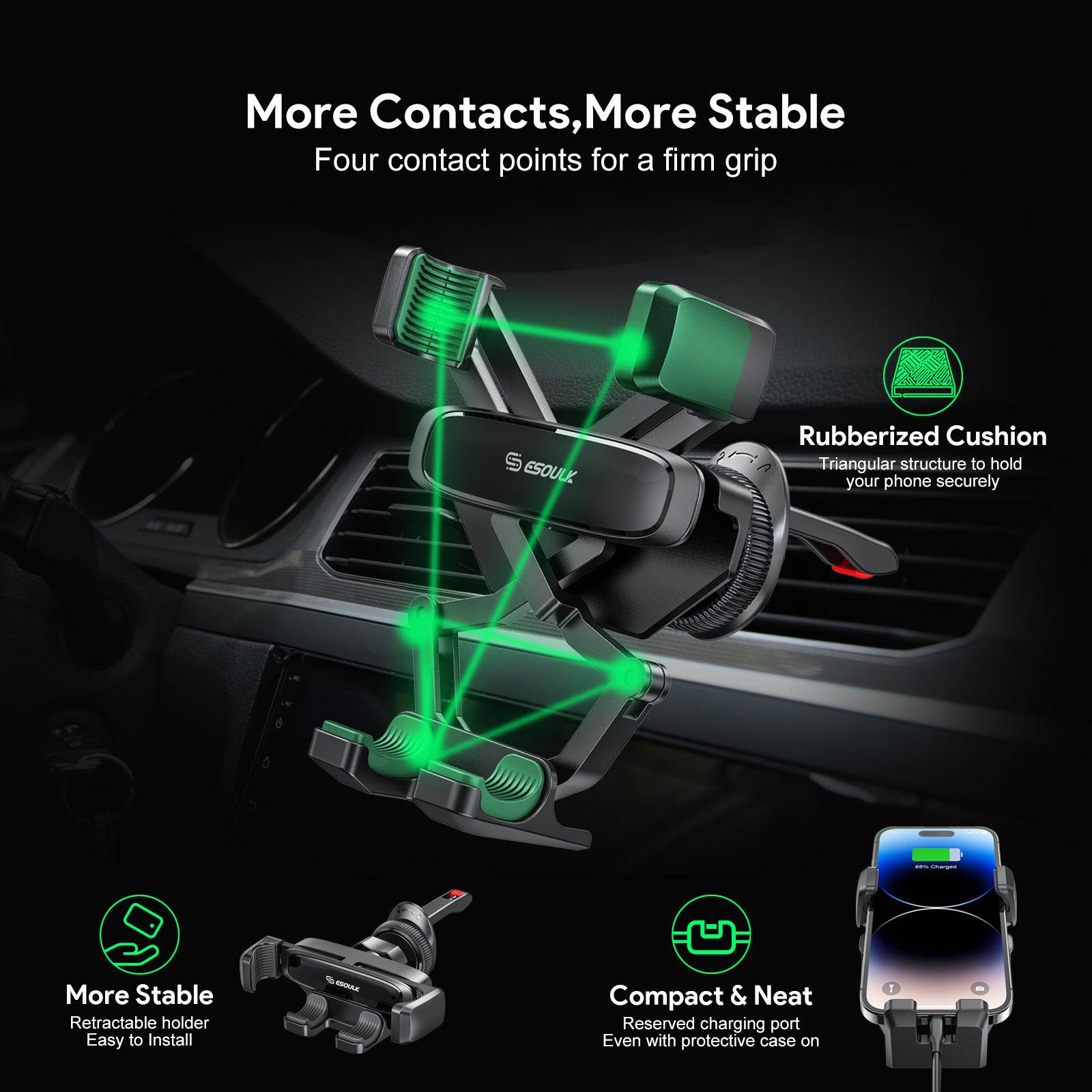Esoulk Gravity Air Vent Car Phone Holder for iPhone models and Android devices.
