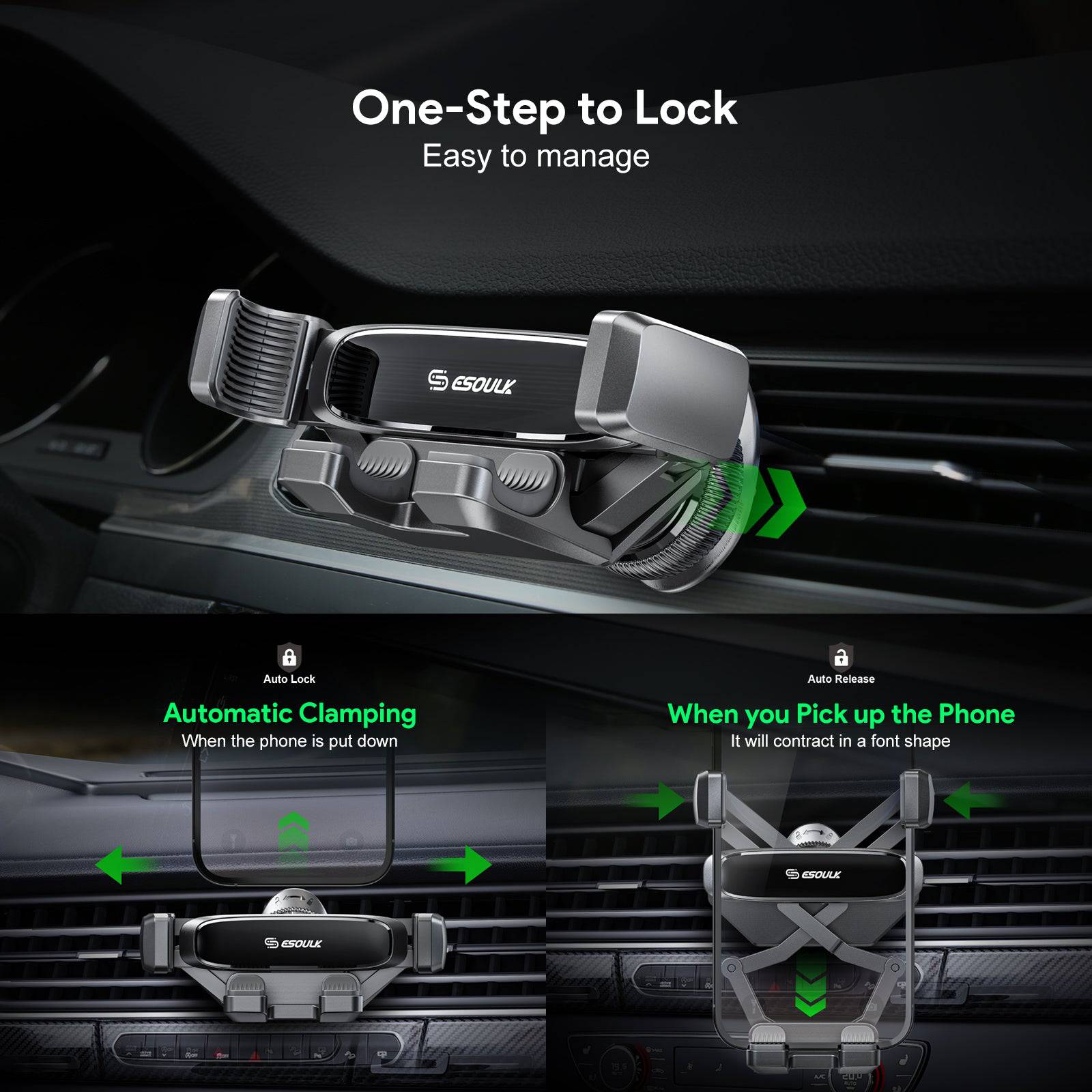 Esoulk Gravity Air Vent Car Phone Holder for iPhone models and Android devices.