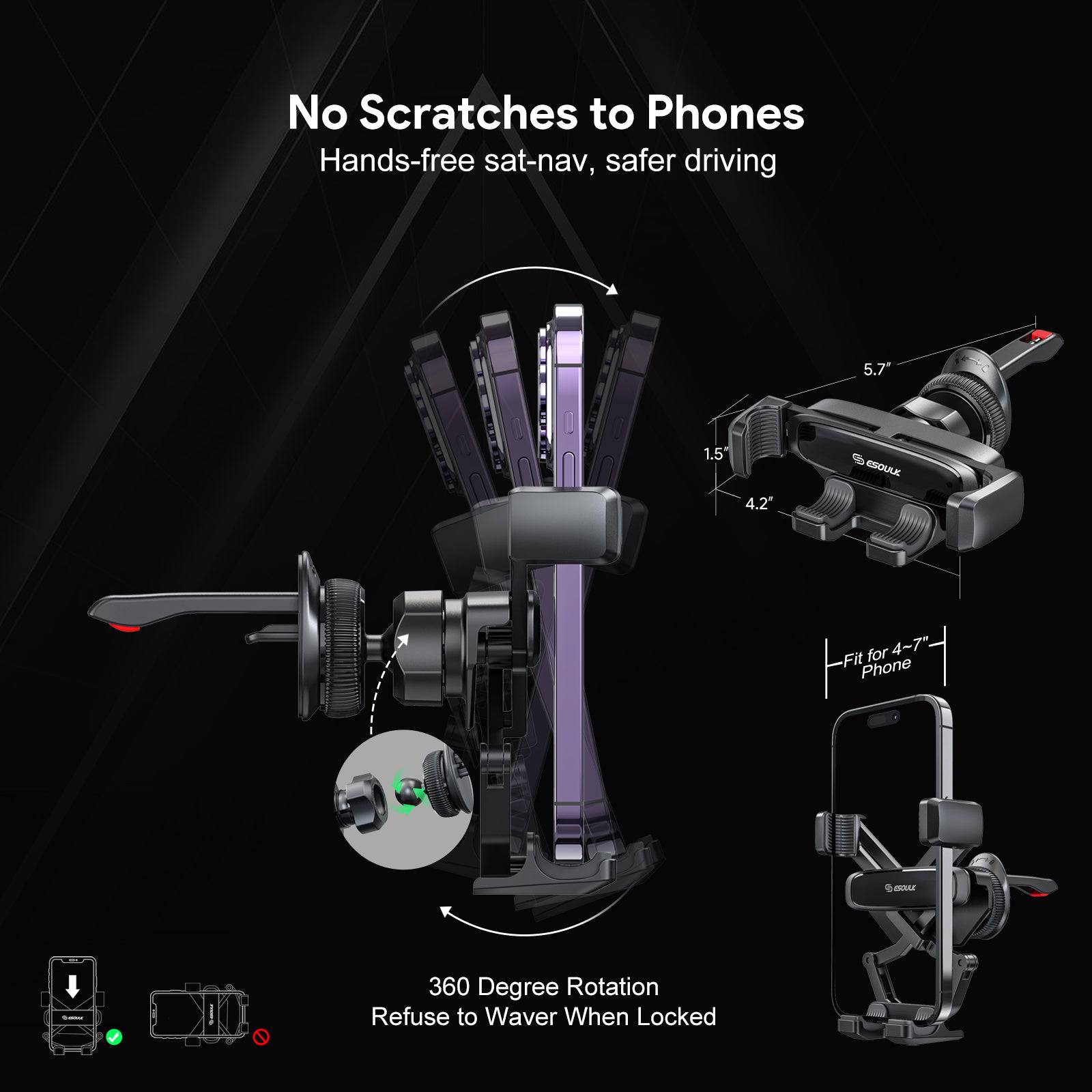 Esoulk Gravity Air Vent Car Phone Holder for iPhone models and Android devices.