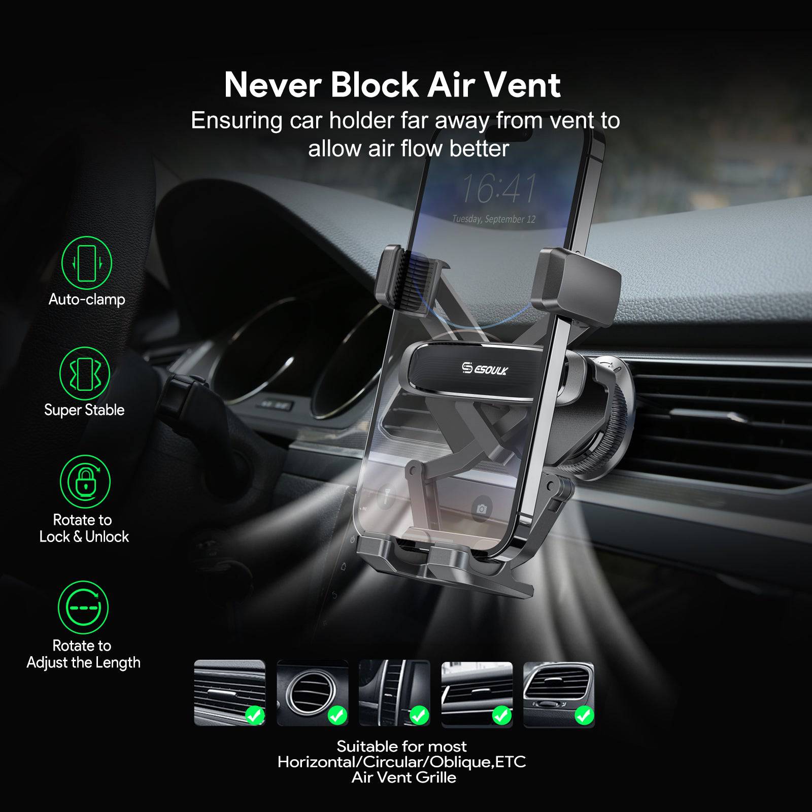 Esoulk Gravity Air Vent Car Phone Holder for iPhone models and Android devices.
