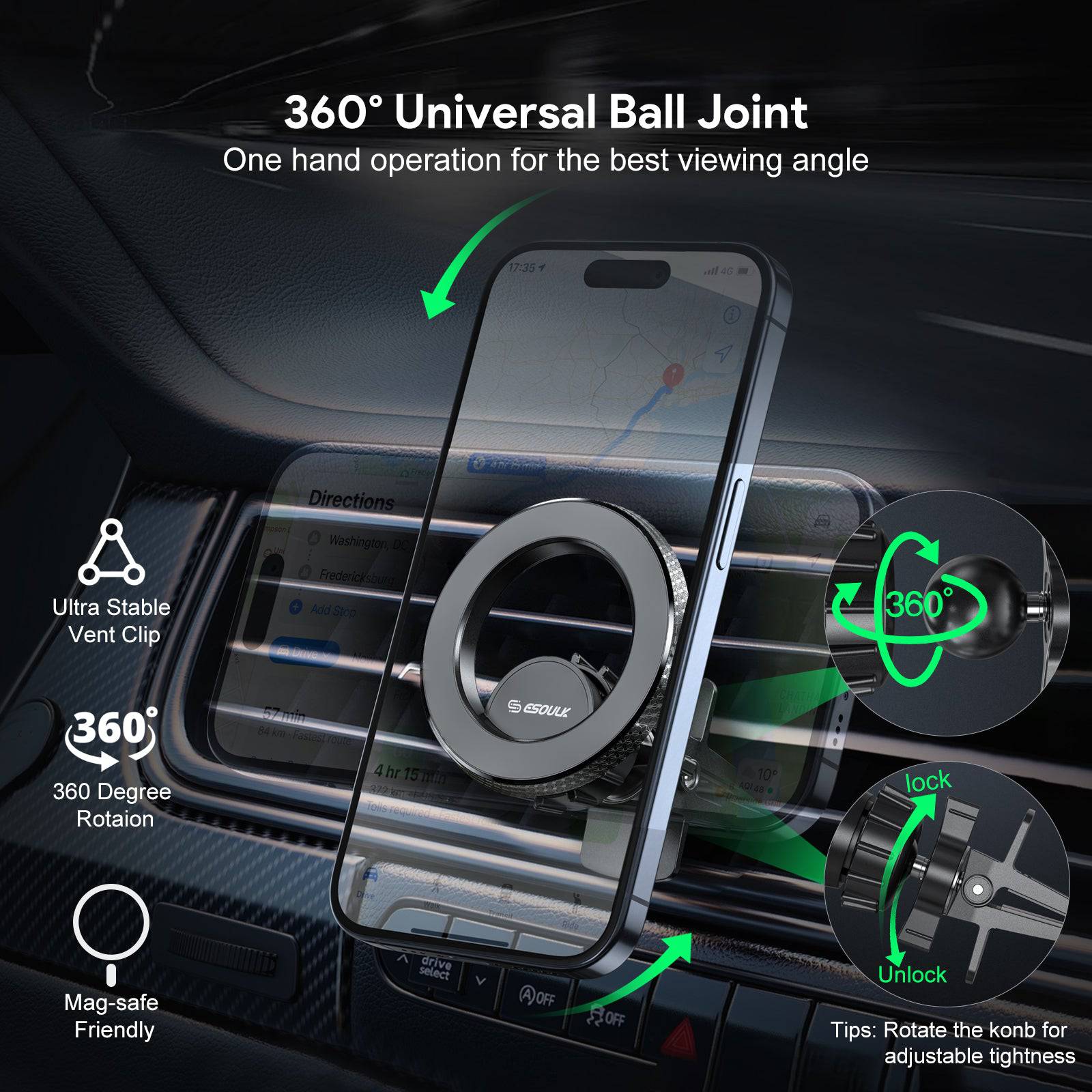 Esoulk Air Vent Magnetic Car Holder for iPhone models and Android devices.