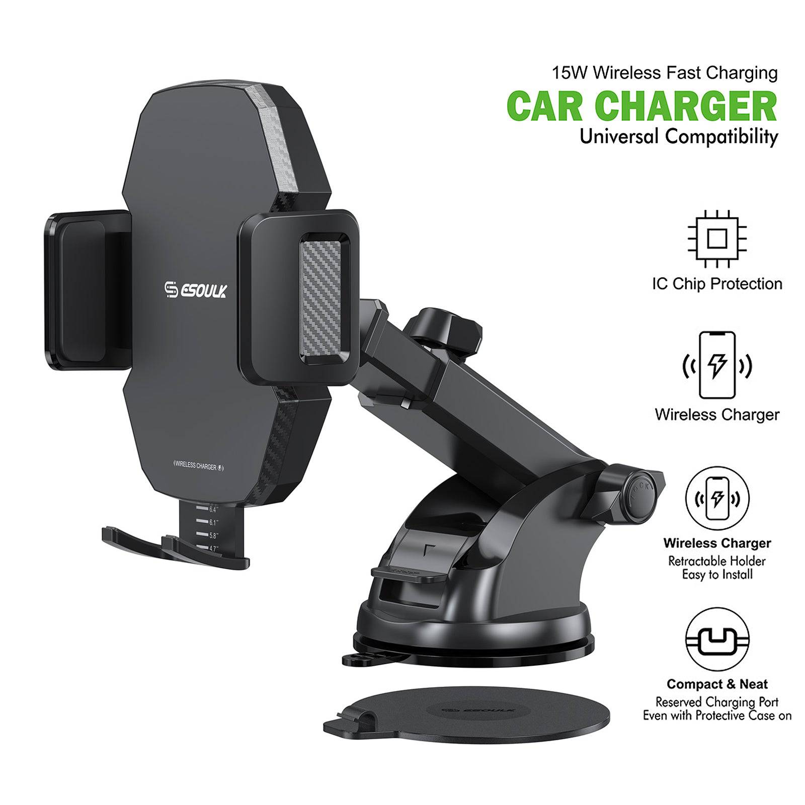 Esoulk 15W Wireless Fast Charing Car Charger Universal Compatibility.