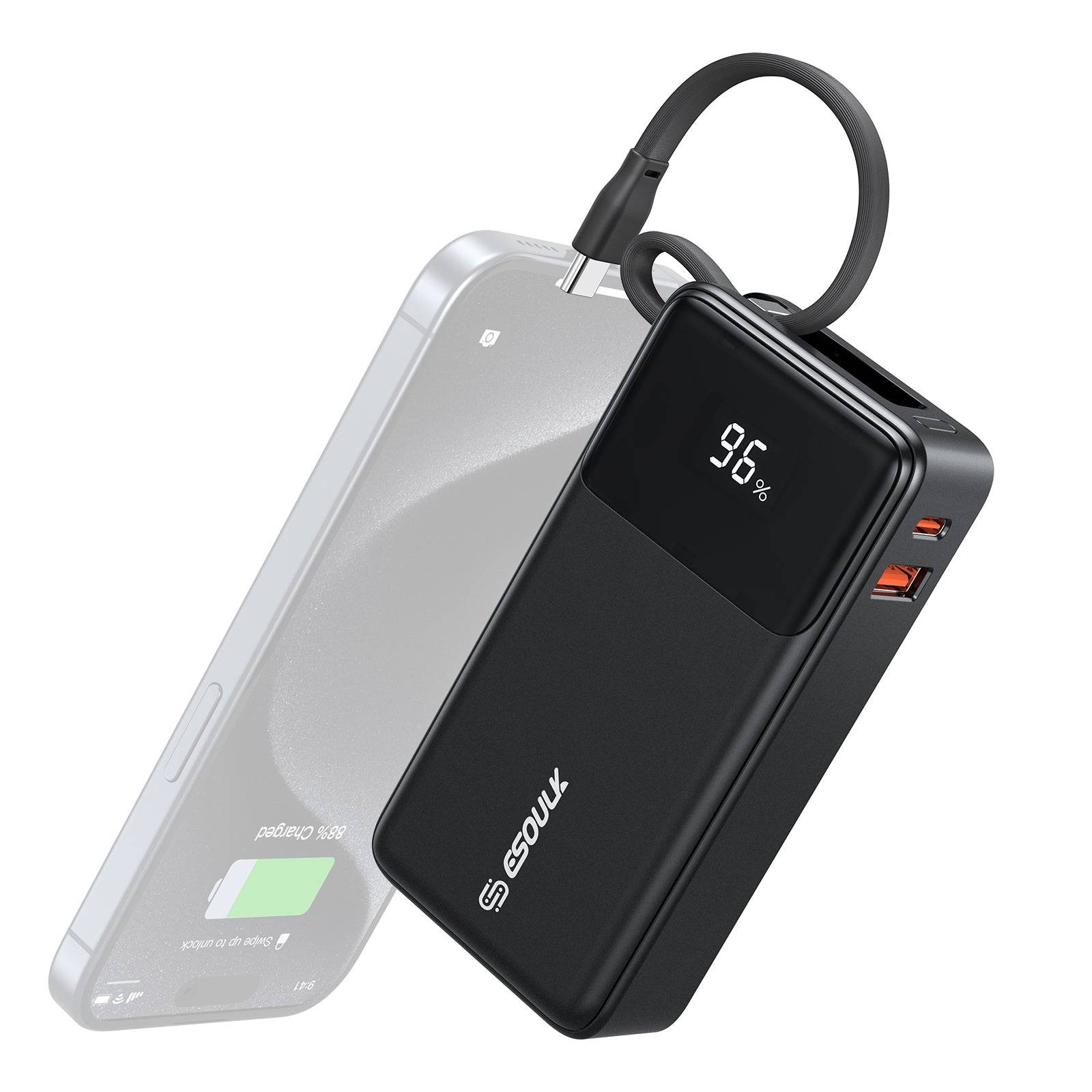 Esoulk Power Bank with Built-In USB-C Cable 10,000mAh 30W – Fast Charging on the Go.