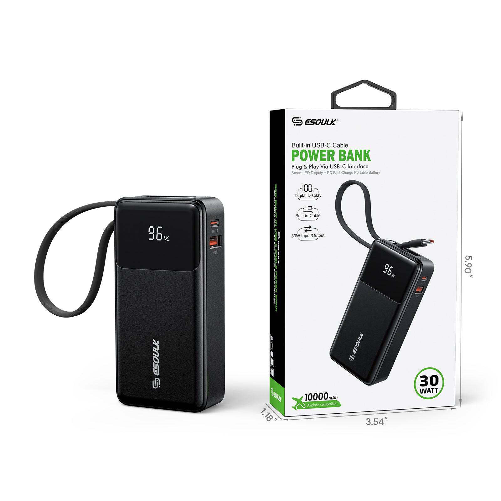 Esoulk Power Bank with Built-In USB-C Cable 10,000mAh 30W – Fast Charging on the Go.