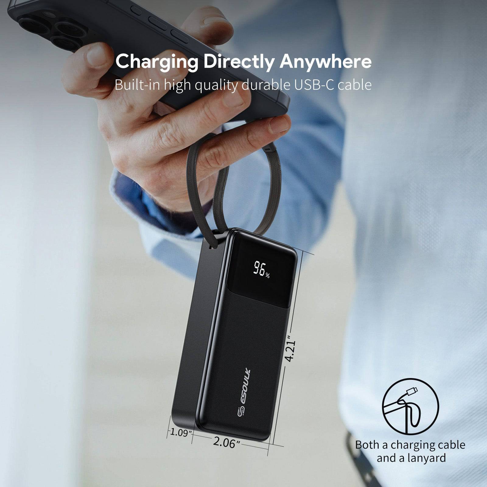 Esoulk Power Bank with Built-In USB-C Cable 10,000mAh 30W – Fast Charging on the Go.