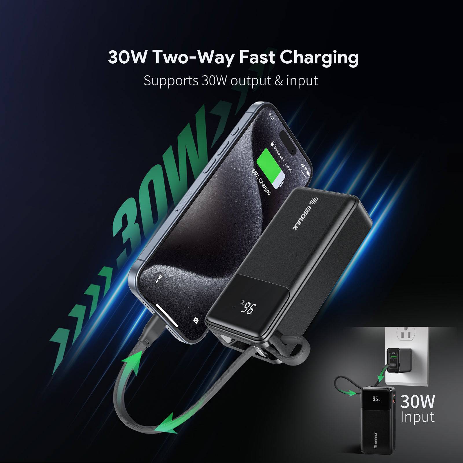 Esoulk Power Bank with Built-In USB-C Cable 10,000mAh 30W – Fast Charging on the Go.