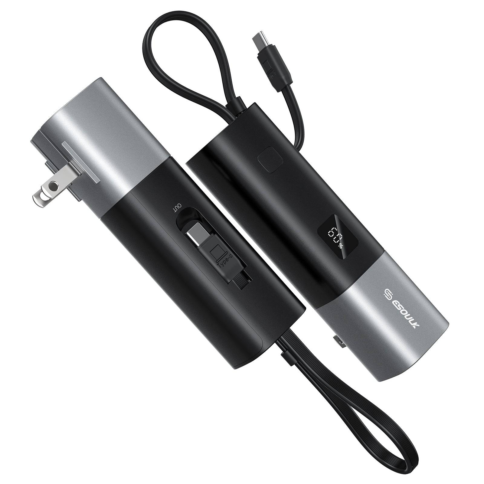 Esoulk Built-In USB-C Cable Power Bank 5000mAh with Foldable All-Plug.