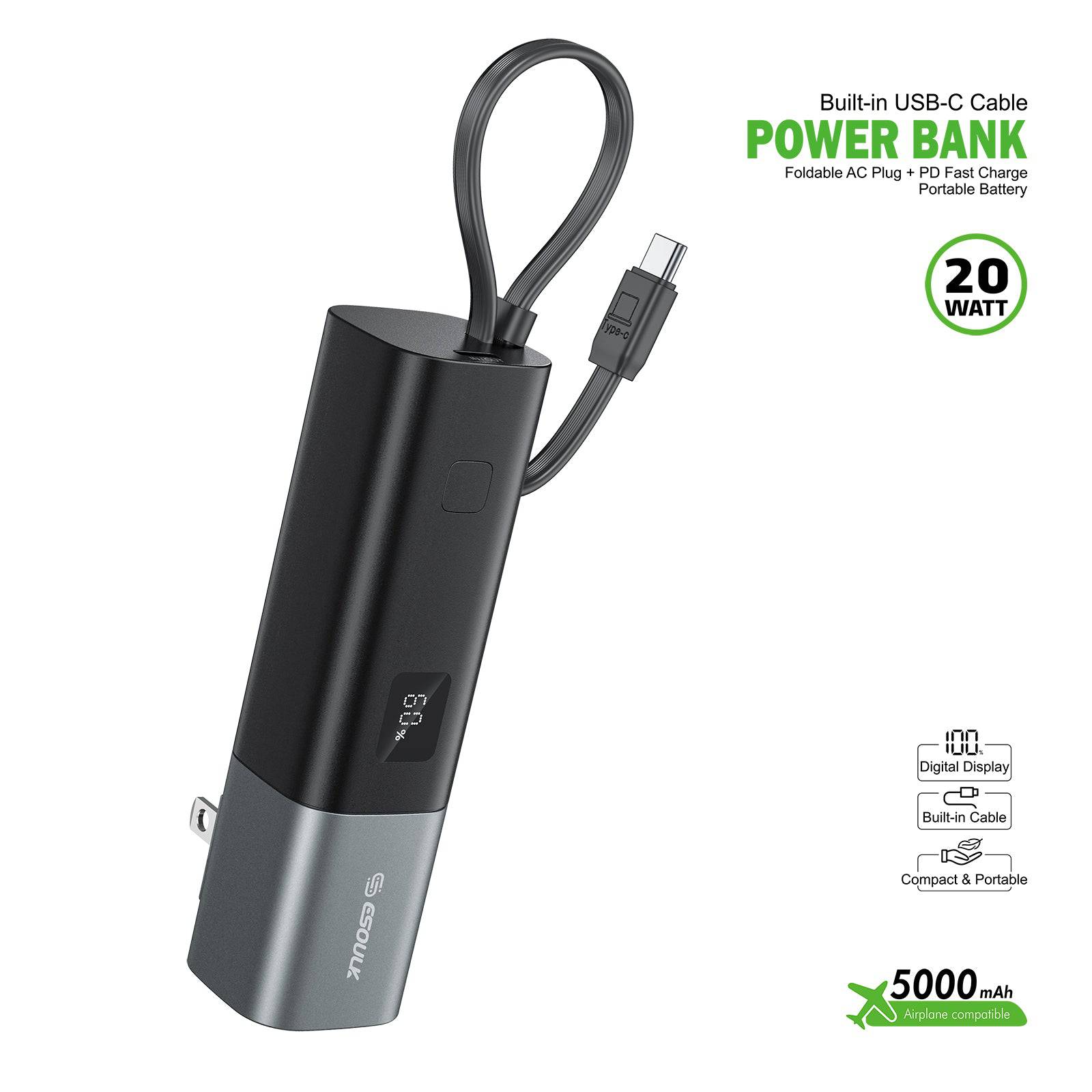 Esoulk Built-In USB-C Cable Power Bank 5000mAh with Foldable All-Plug.