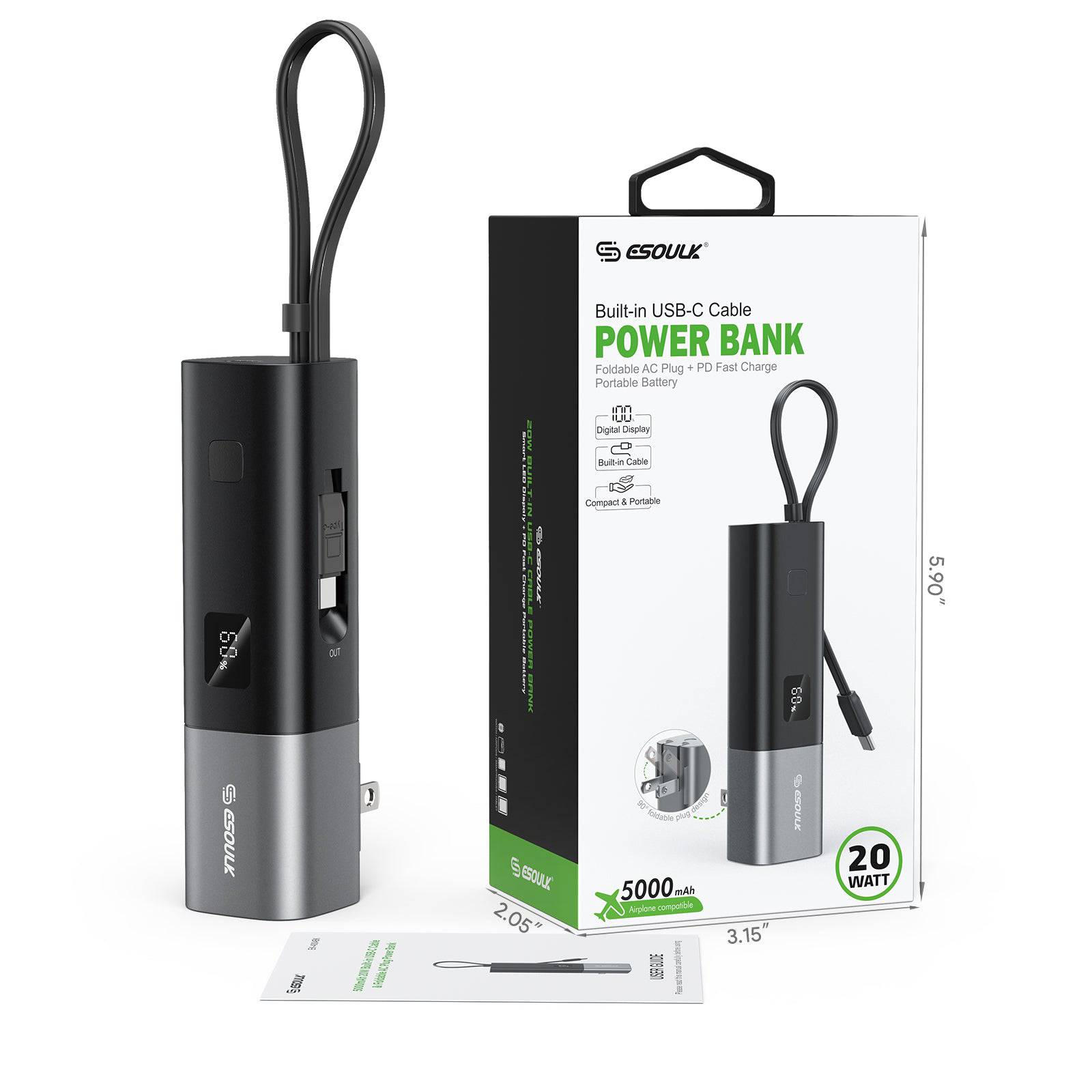 Esoulk Built-In USB-C Cable Power Bank 5000mAh with Foldable All-Plug.